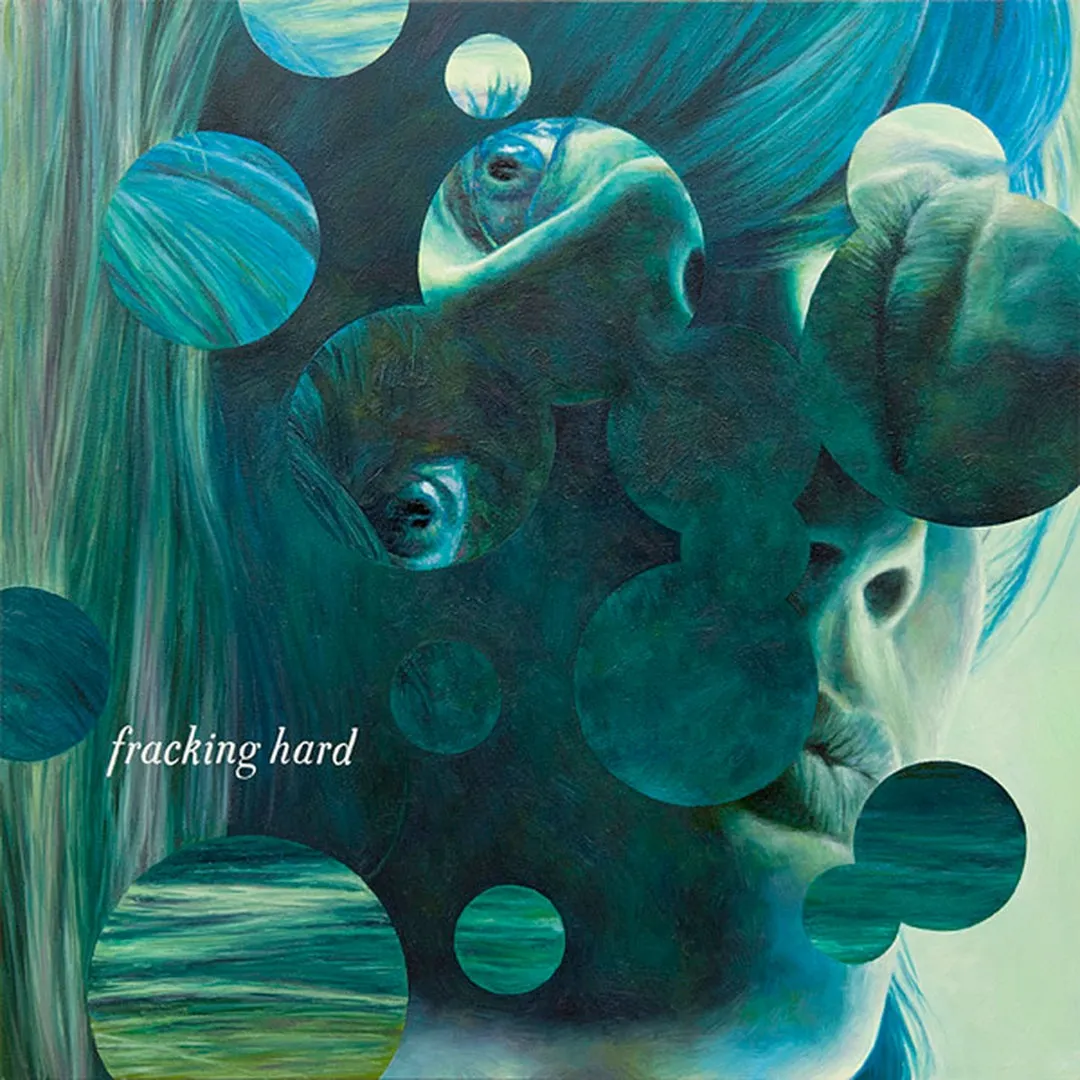 Oil on panel of a close up face with circle cut outs of the faces floating around the page with the 