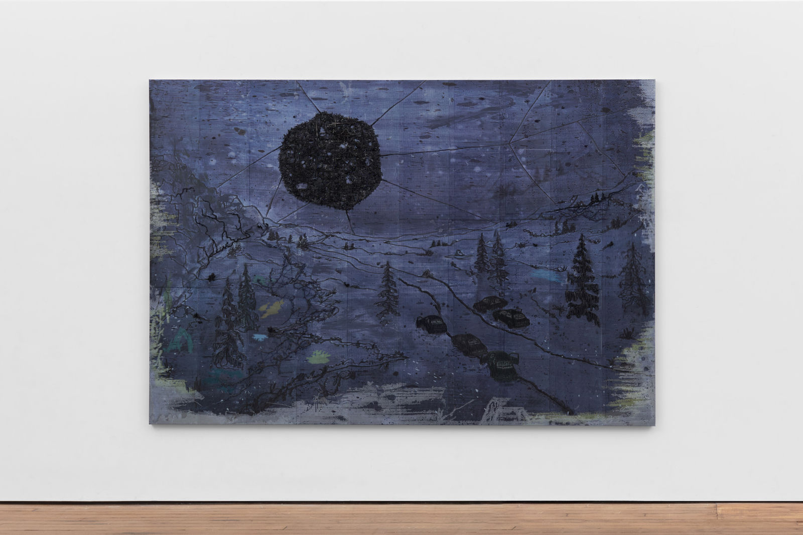 an abstracted landscape scene tinted with a dark indigo hue; the landscape is dotted with pine trees