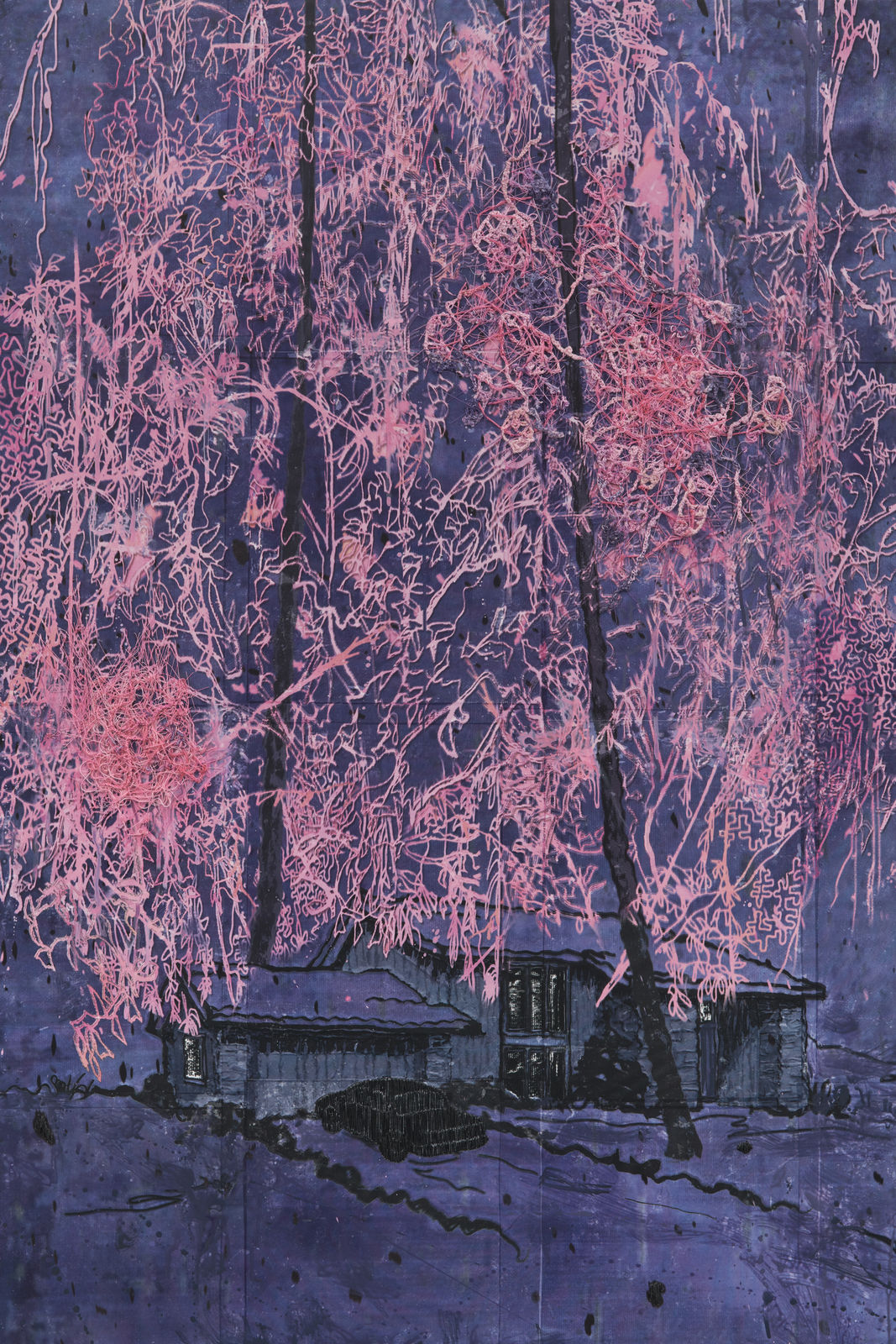 purple painting with house and pink trees.