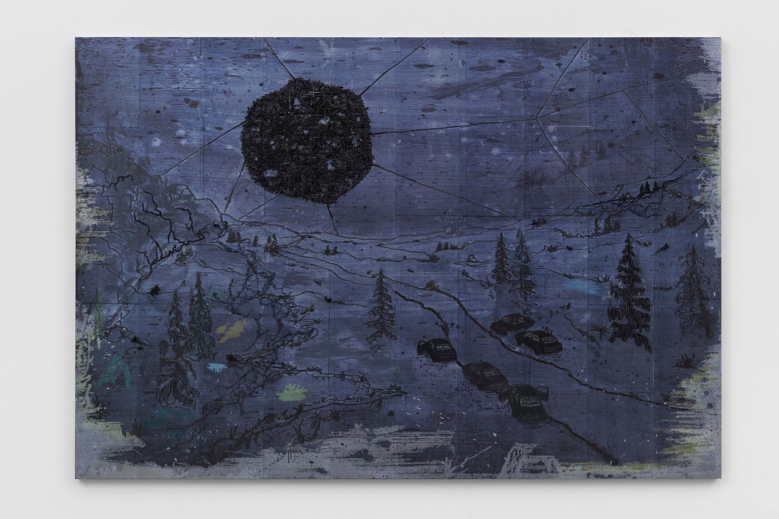 an abstracted landscape scene tinted with a dark indigo hue; the landscape is dotted with pine trees
