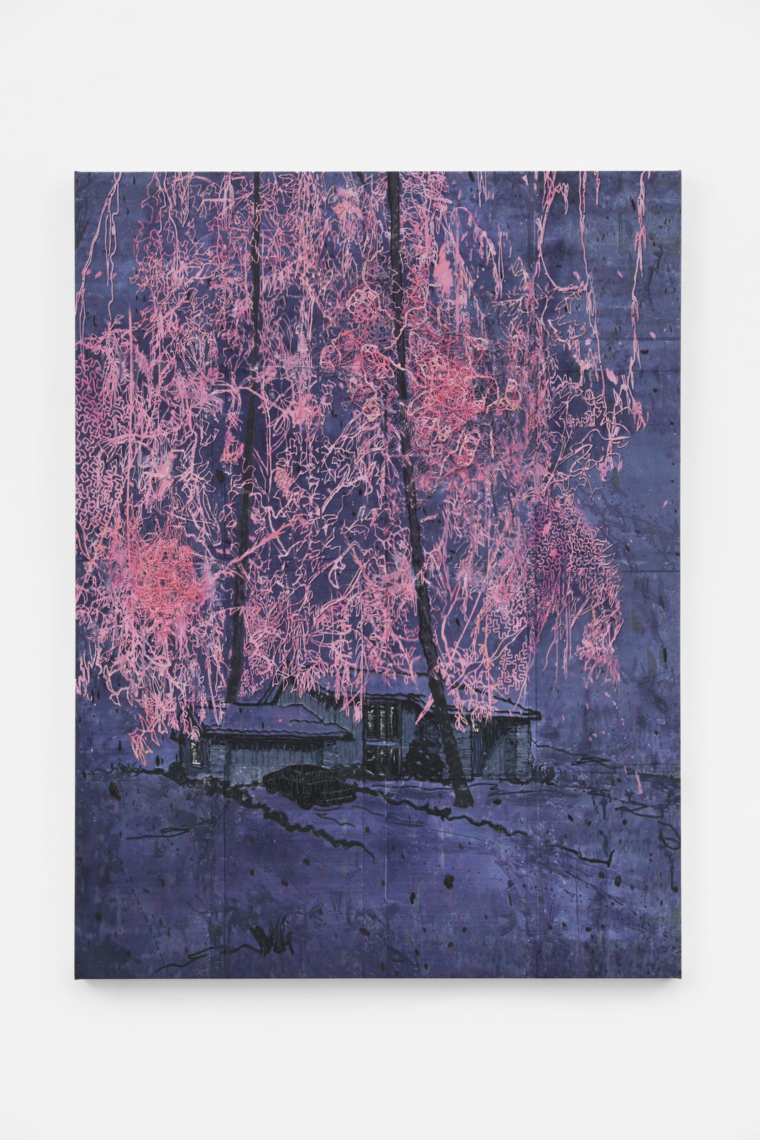 purple painting with house and pink trees. Installed on wall.