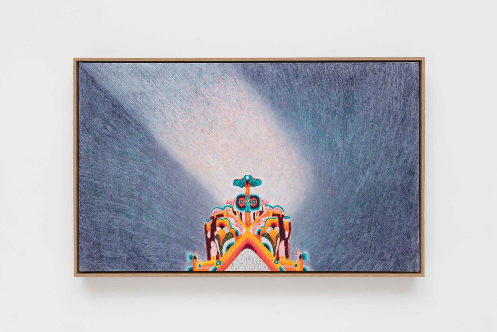 oil painting depicting a brightly colored psychedelic figure against a blue background, spotlit in white