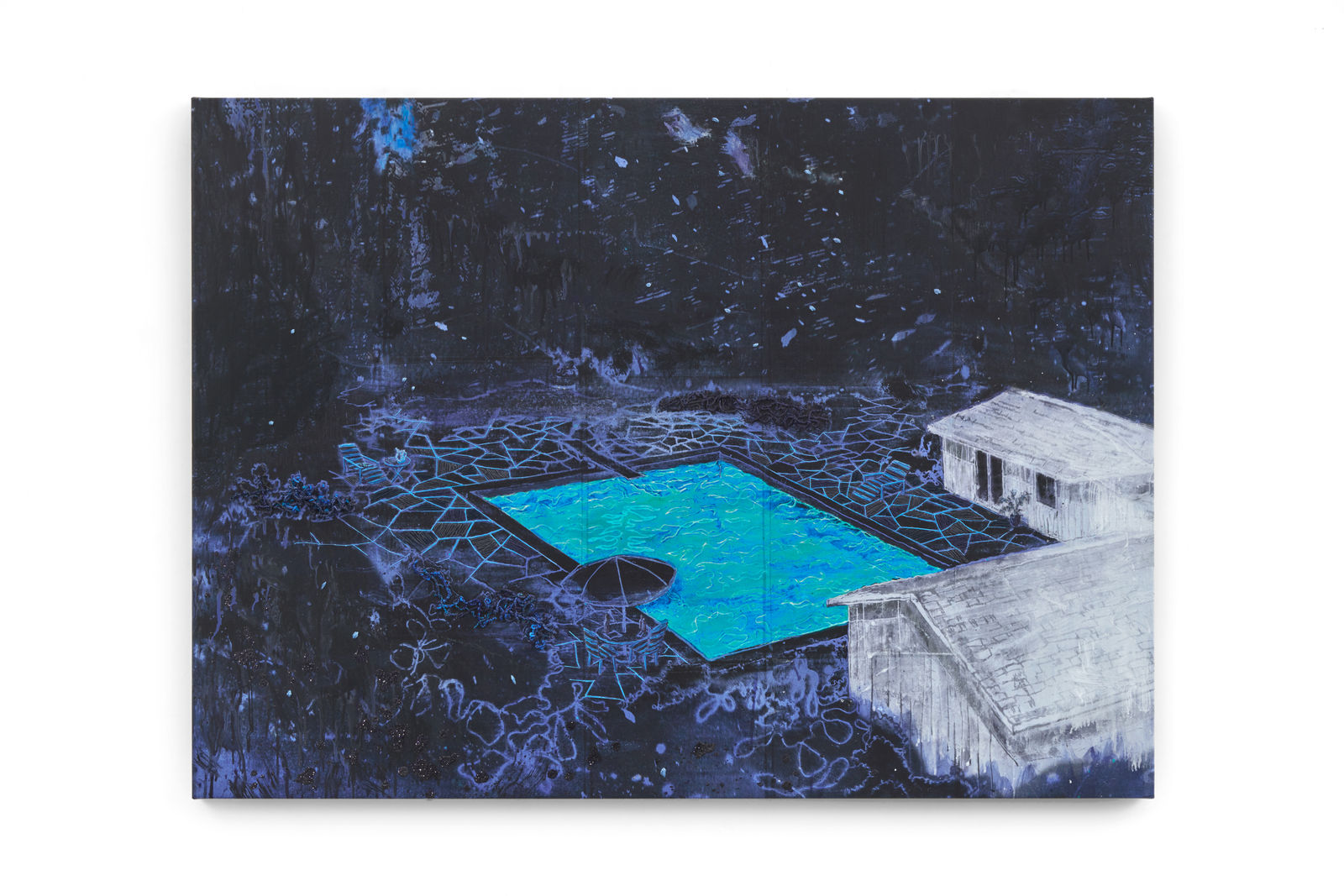 Dark blue painting of a light blue pool and two white houses