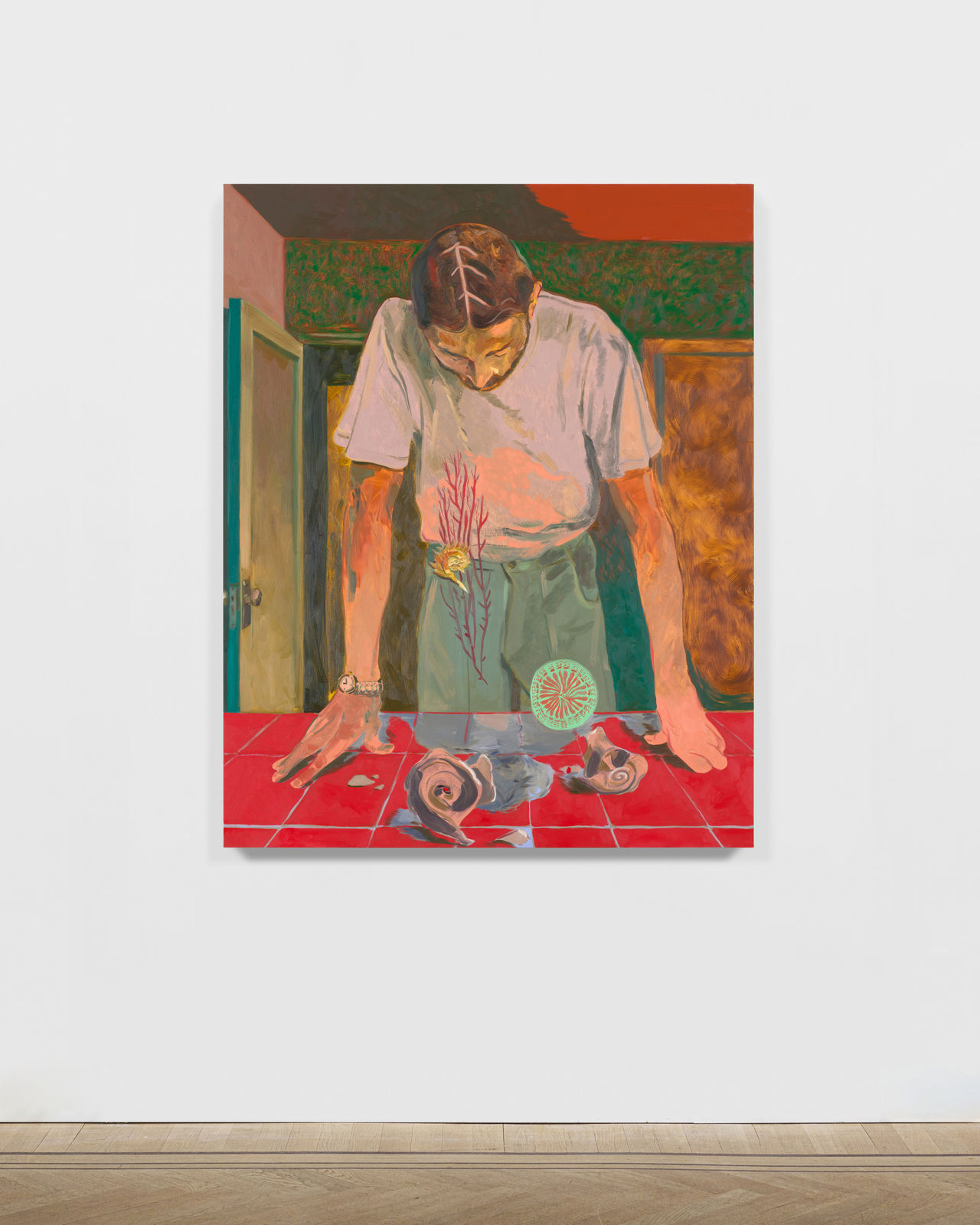 painted abstract image with main hues of red and green of a man leaning down at some shells on a red countertop. organic shapes float upward from the counter and are reflected on his scalp.