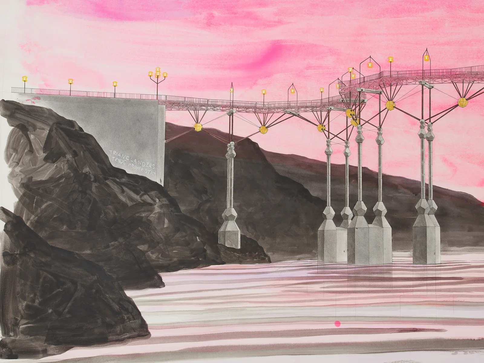 A detail of a big, mixed media drawing of boys fishing beneath a bridge with pink sky,