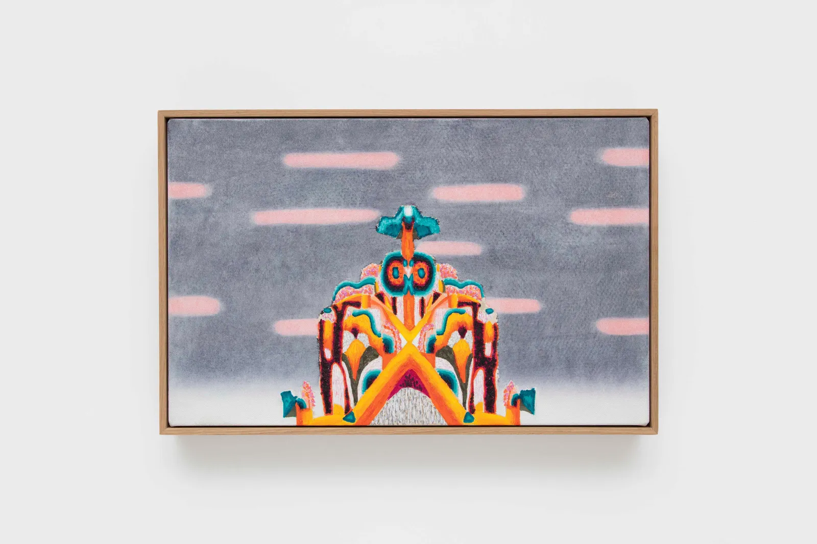 oil painting depicting a brightly colored psychedelic figure against a grey blue background with pink linear cloud-like shapes