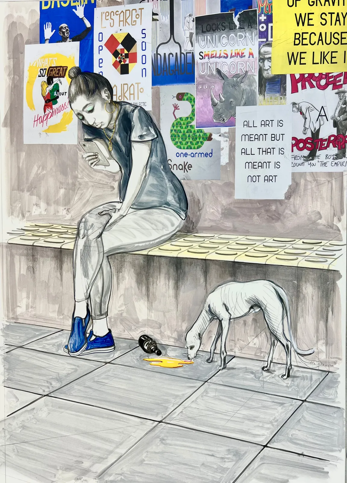 A detail of a large mixed media drawing of a seated woman looking at her phone with numerous posters behind her and a dog next to her.