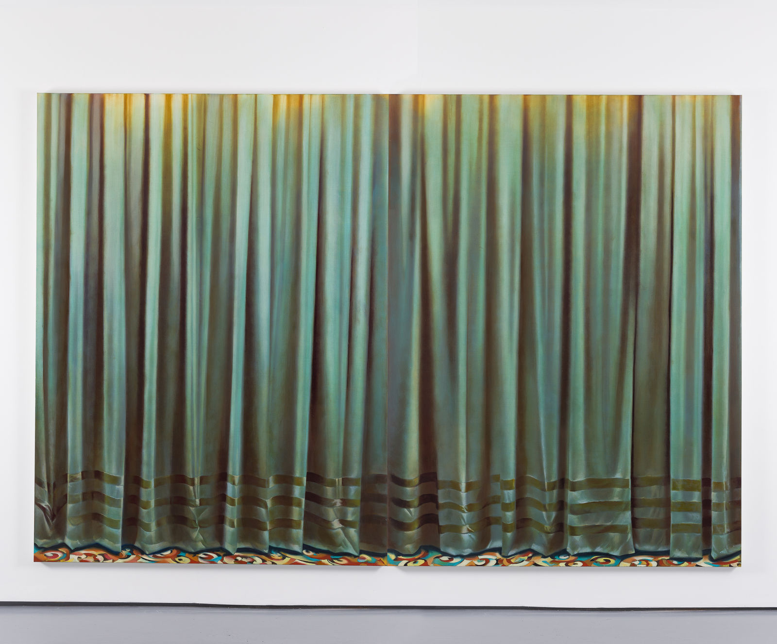oil painting of green curtains that have three stripes at the bottom