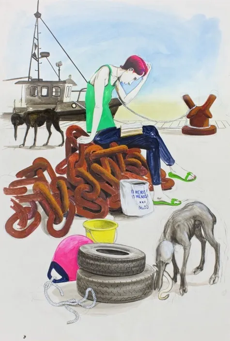 A mixed media image of a girl sitting on a rusted chain. Next to her are two tires and a black dog. Behind her is a large black creature and what appears to be a ship.
