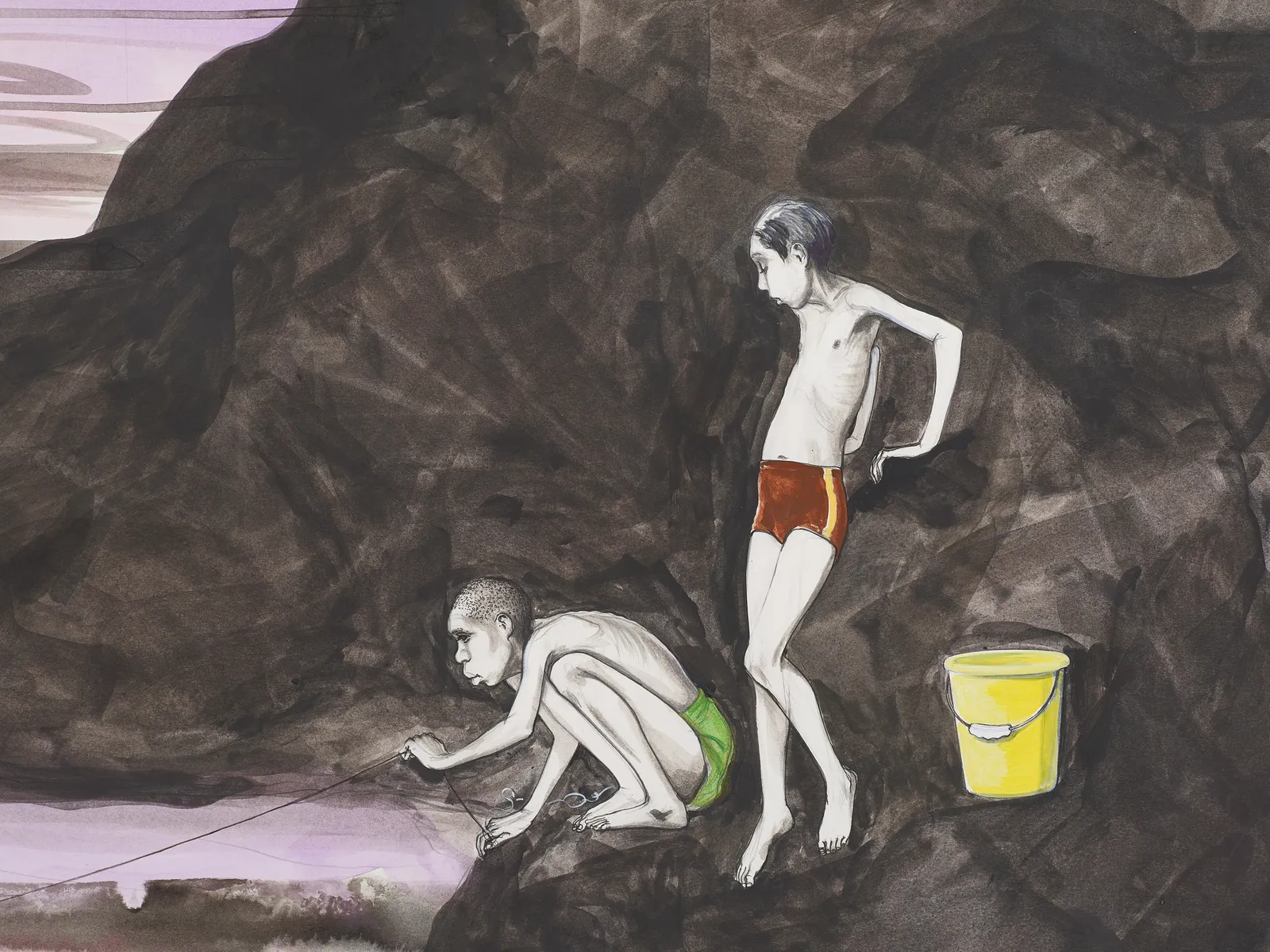 A detail of a big, mixed media drawing of boys fishing beneath a bridge with pink sky,