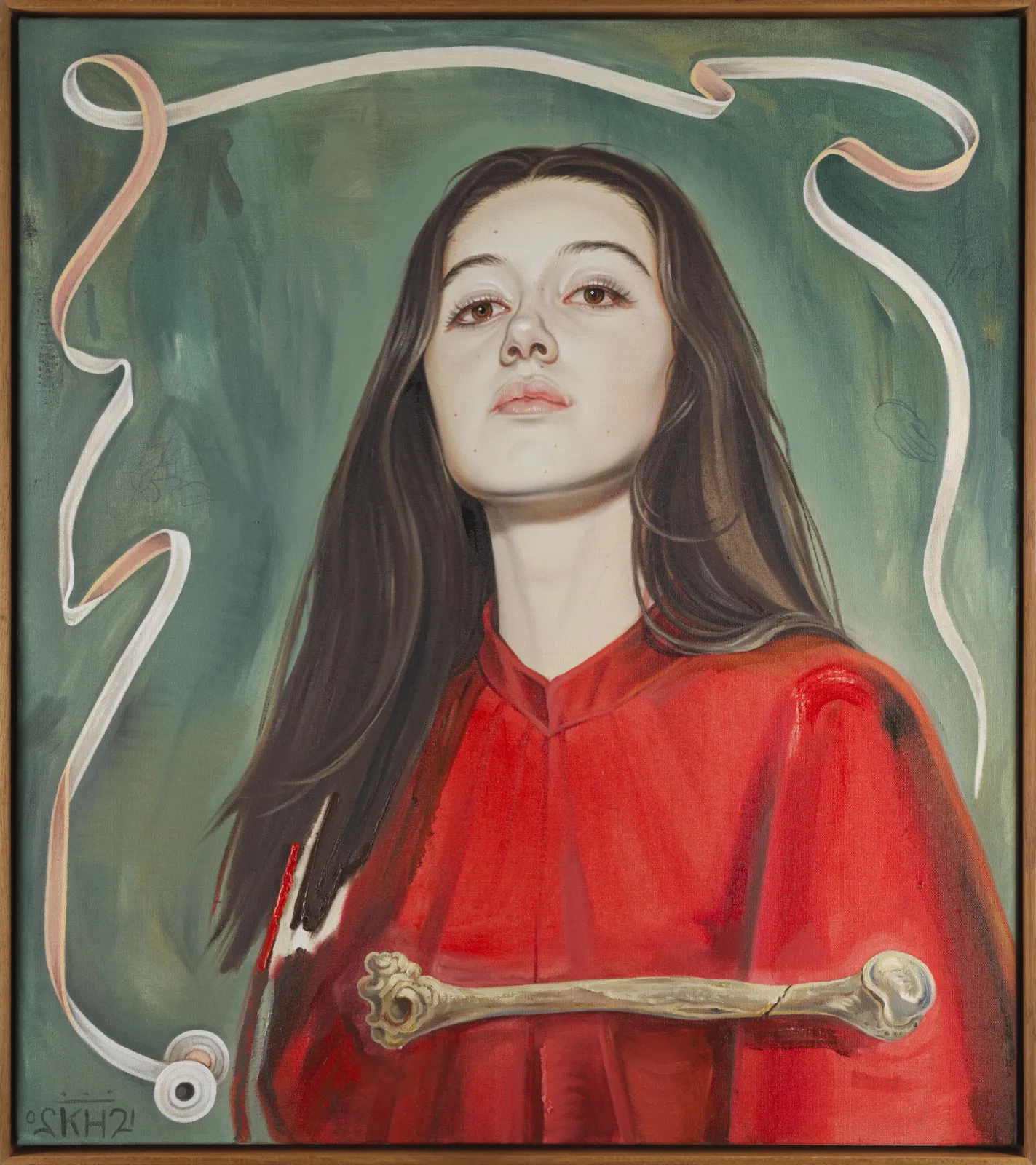 oil painting depicting a bust portrait of a woman with a spool of ribbon floating over her and a bone in front of her.