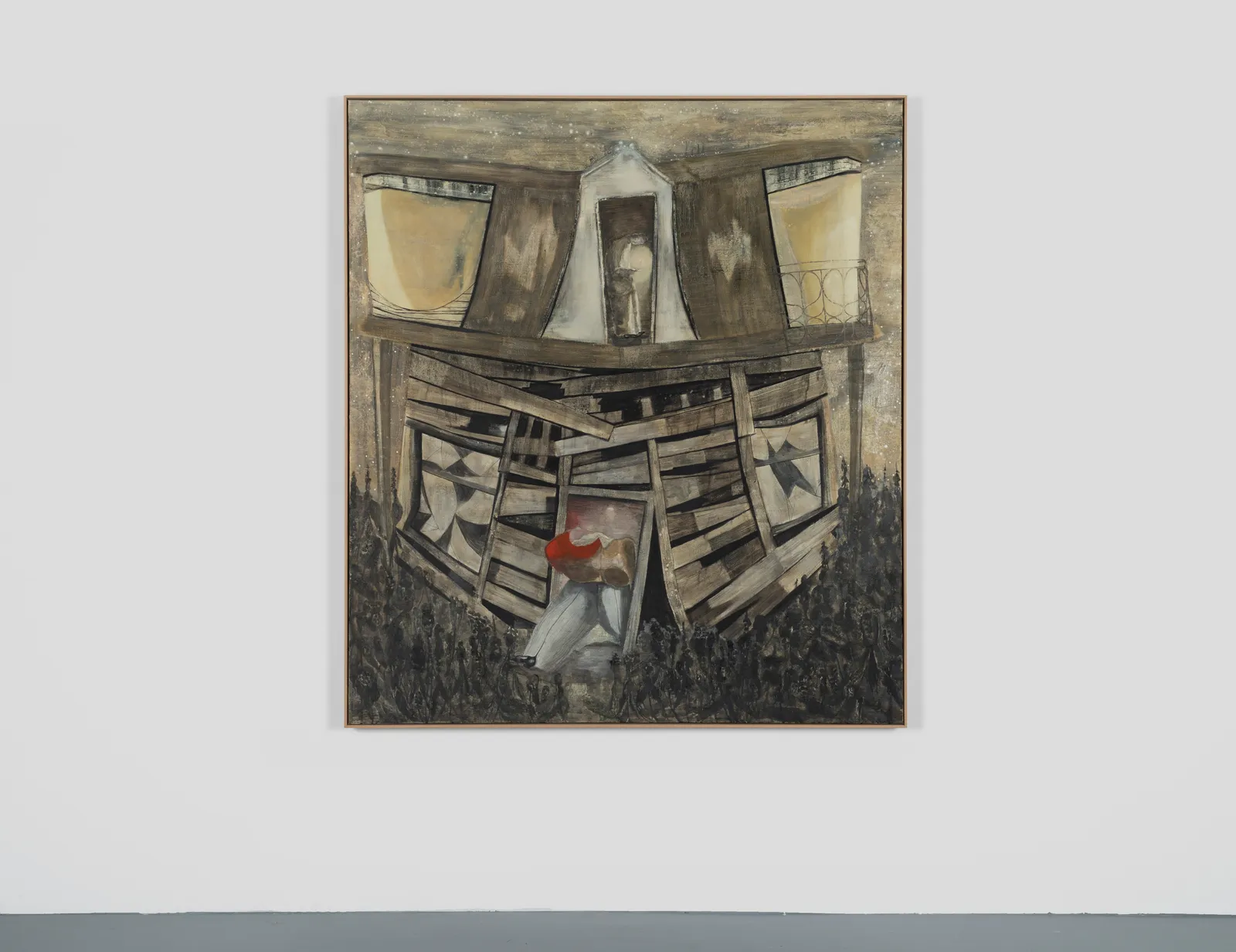 An oil on canvas depicting two figures inside of a dilapidated house