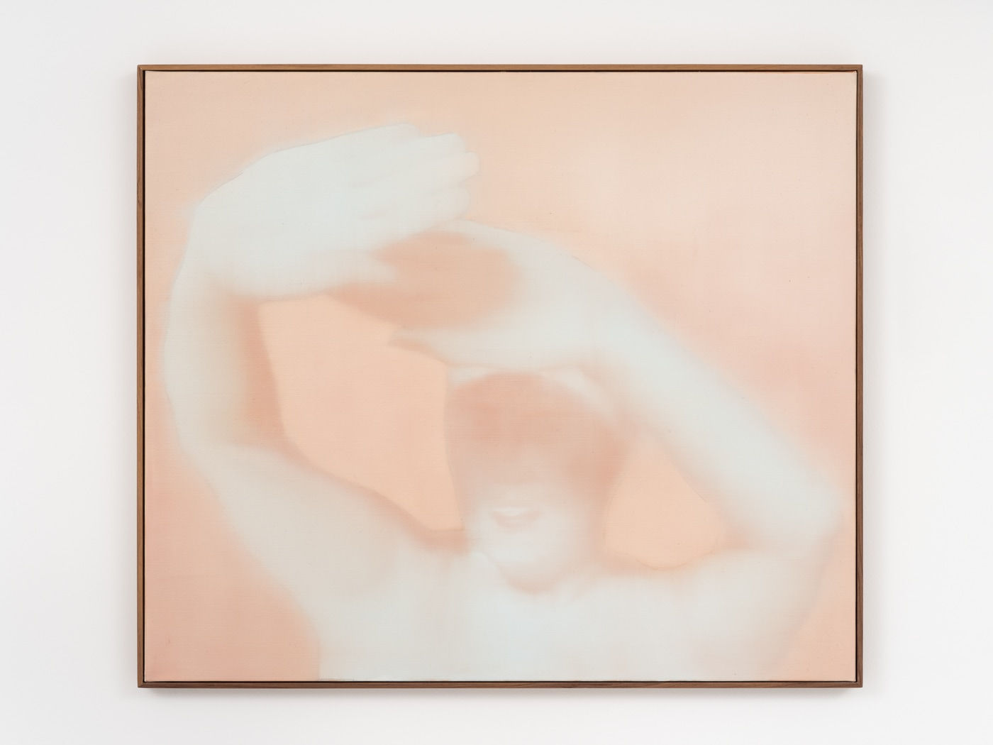 abstract painting of a person with outstretched hands above their head facing the viewer, colored with a hazy blue against a murky background