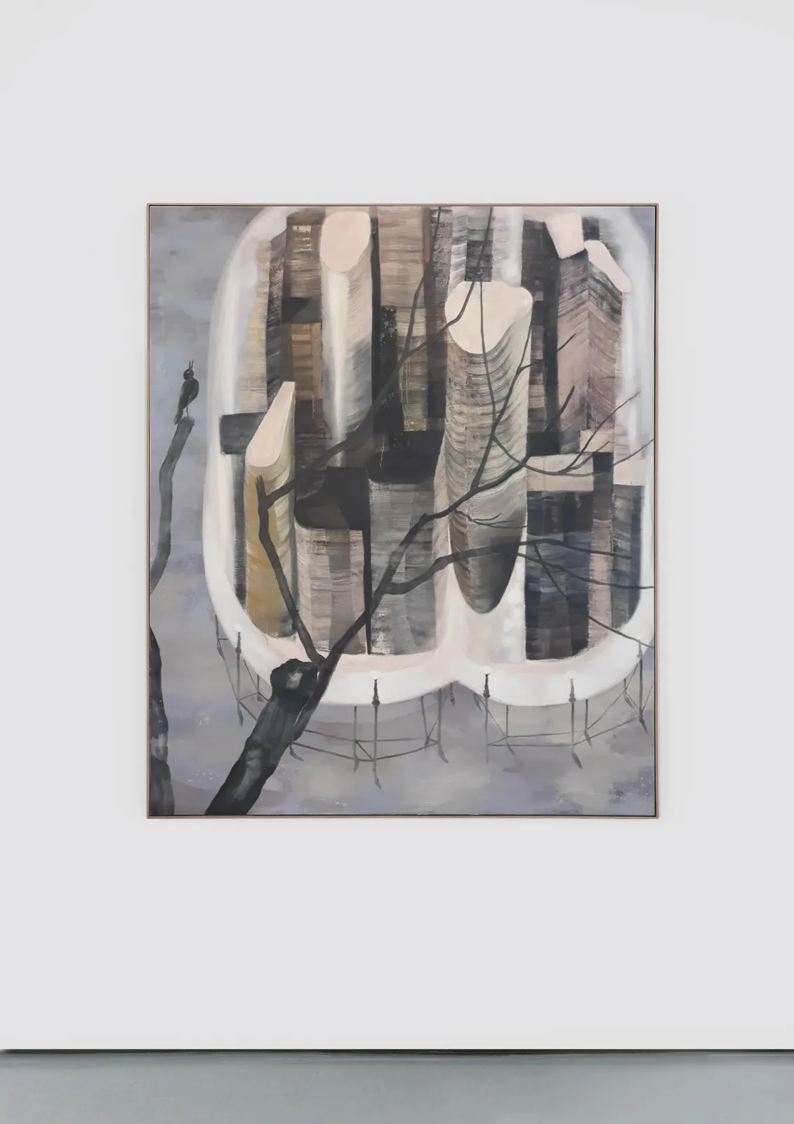 Oil on canvas depicting a city held on a platform held up by stilts