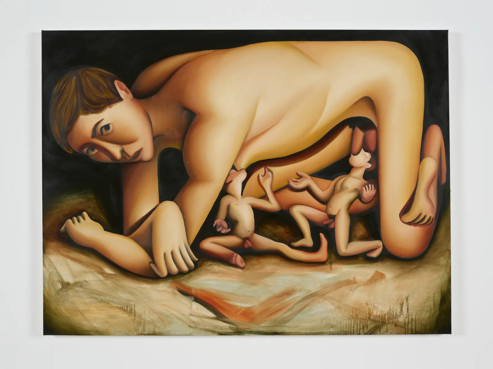 oil painting depicting a woman and two small men posed like the capitoline wolf