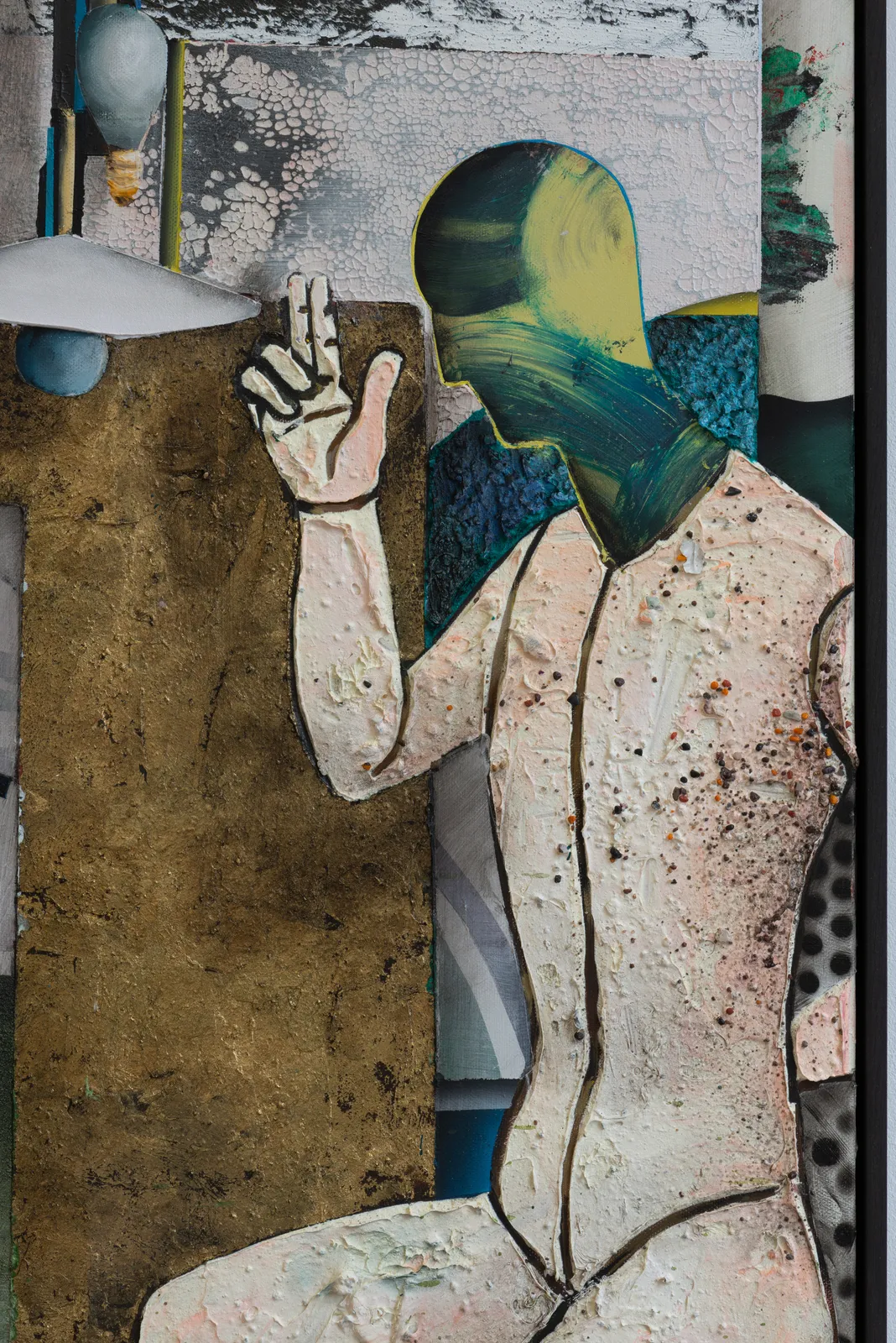 A mixed media piece of abstract scene.