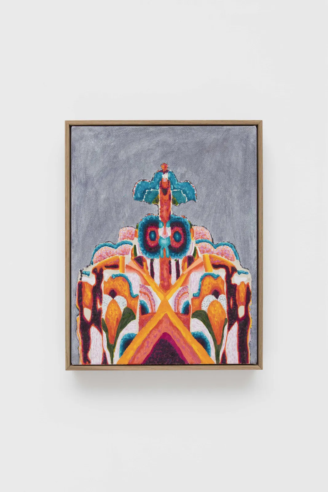 oil painting depicting brightly colored psychedelic geometric patterns against a grey background