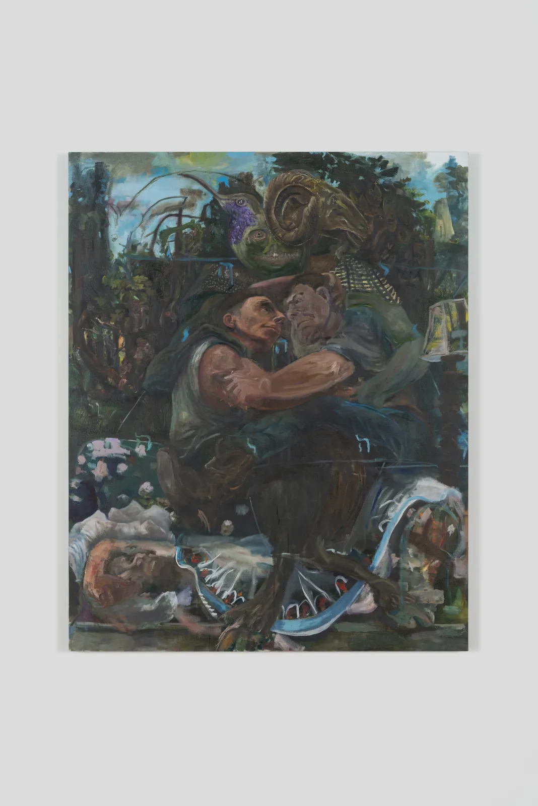 Oil on linen depicting two figures embracing in a forested landscape.