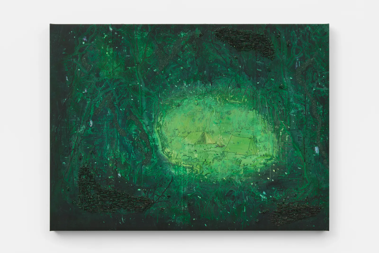 A mixed media image depicting two tents set up in a glade situated in the middle of a shadowy forest.