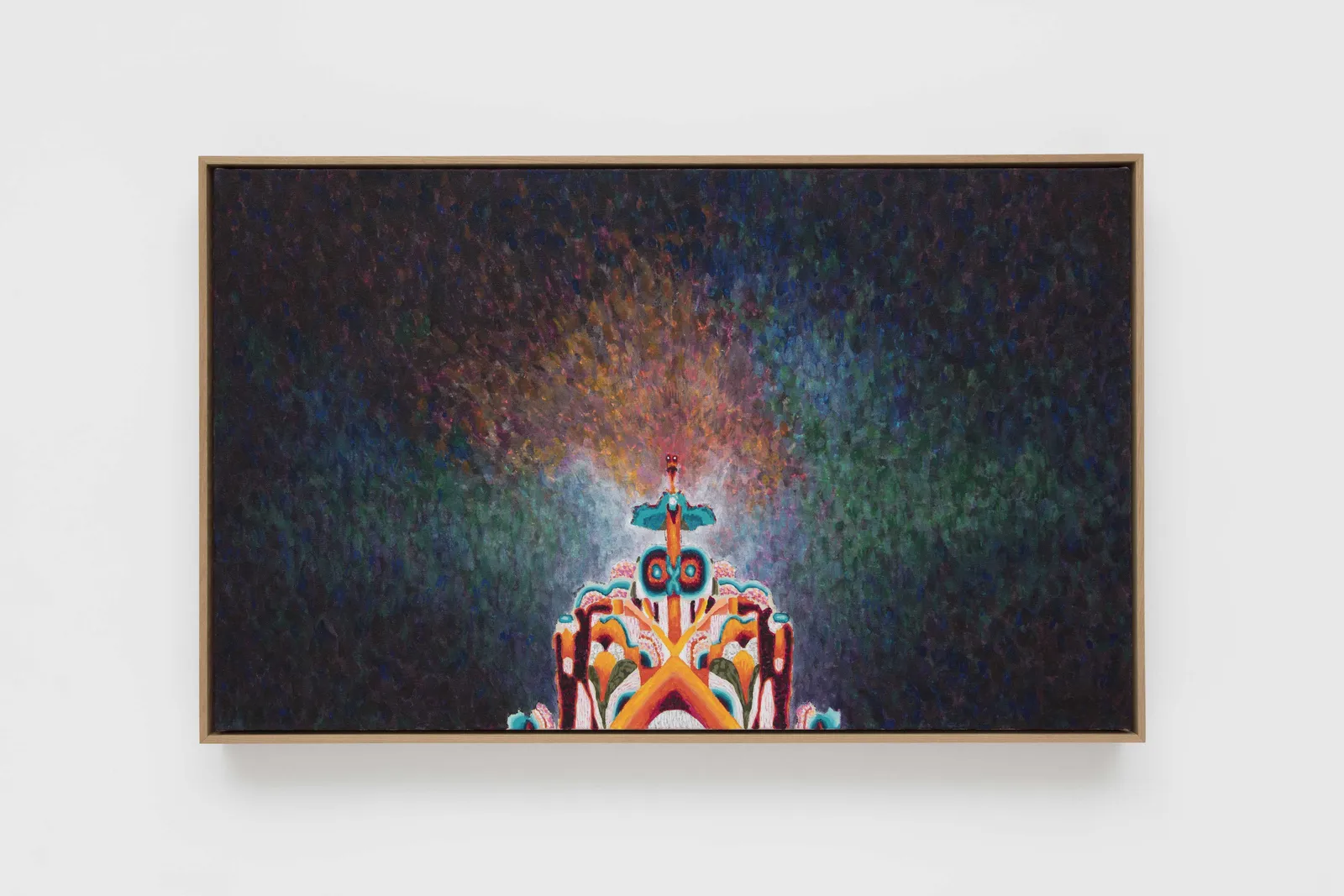 oil painting depicting a brightly colored psychedelic figure against a dark multicolored background