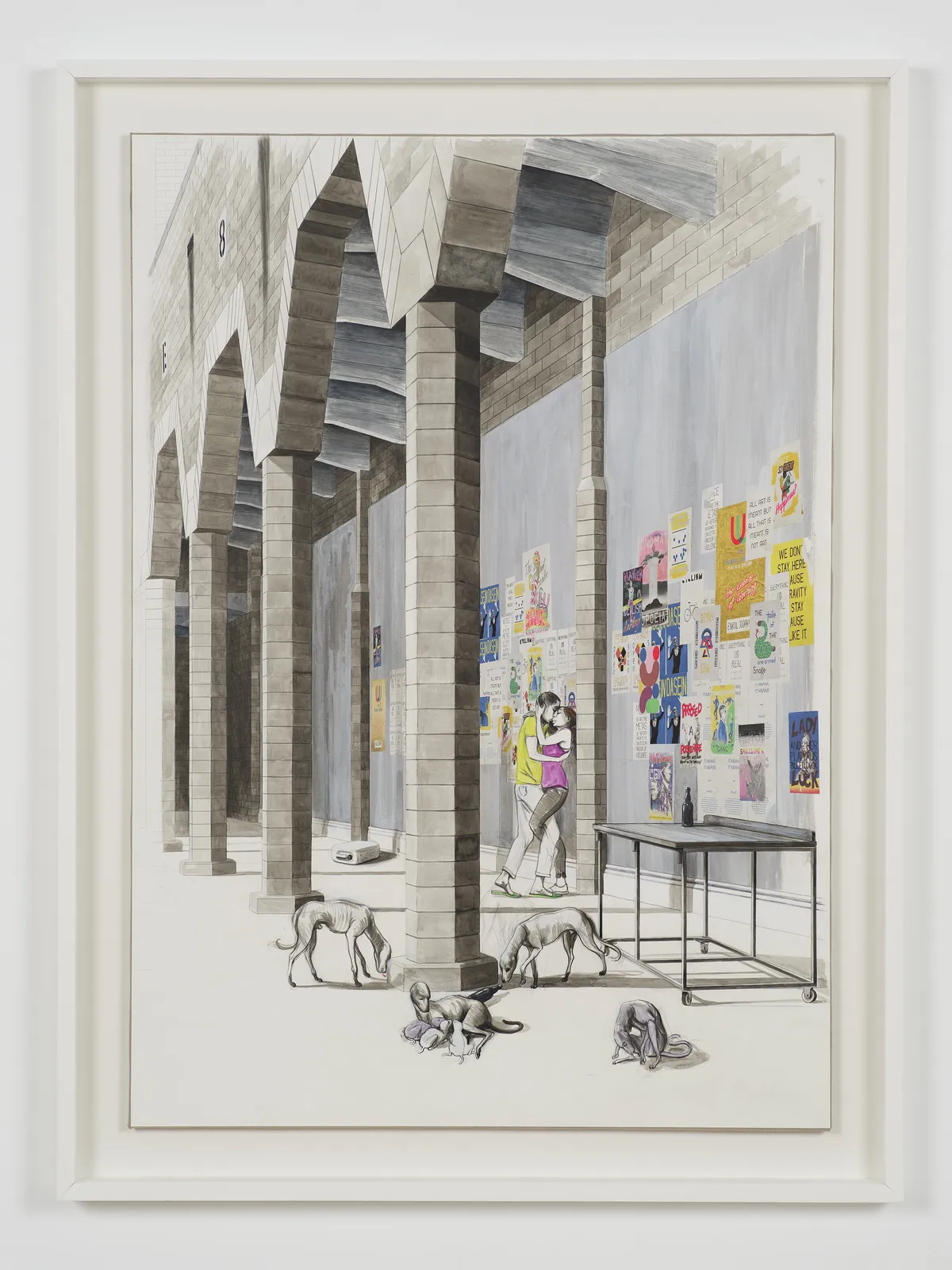 A mixed media drawing of a courting couple and beasts under the city wall, framed in white and hung on a white wall.