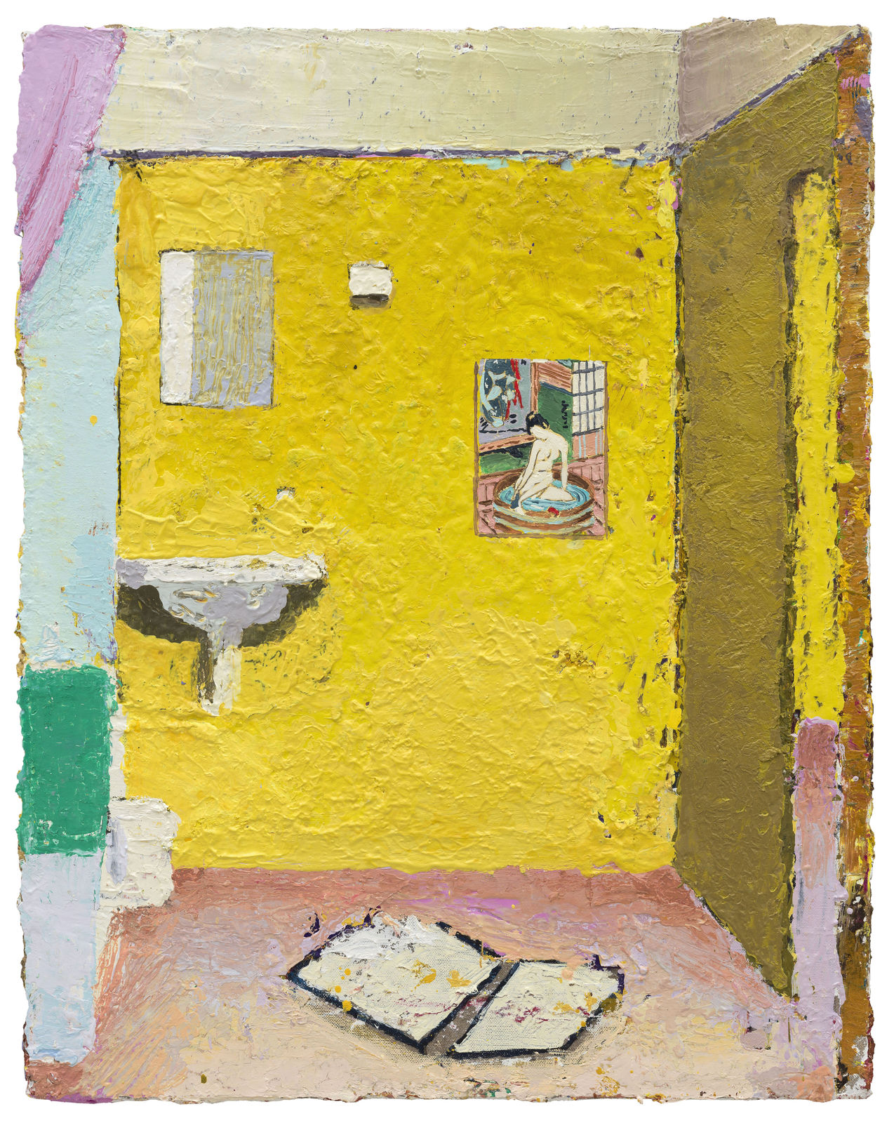 oil painting depicting a bathroom with yellow walls