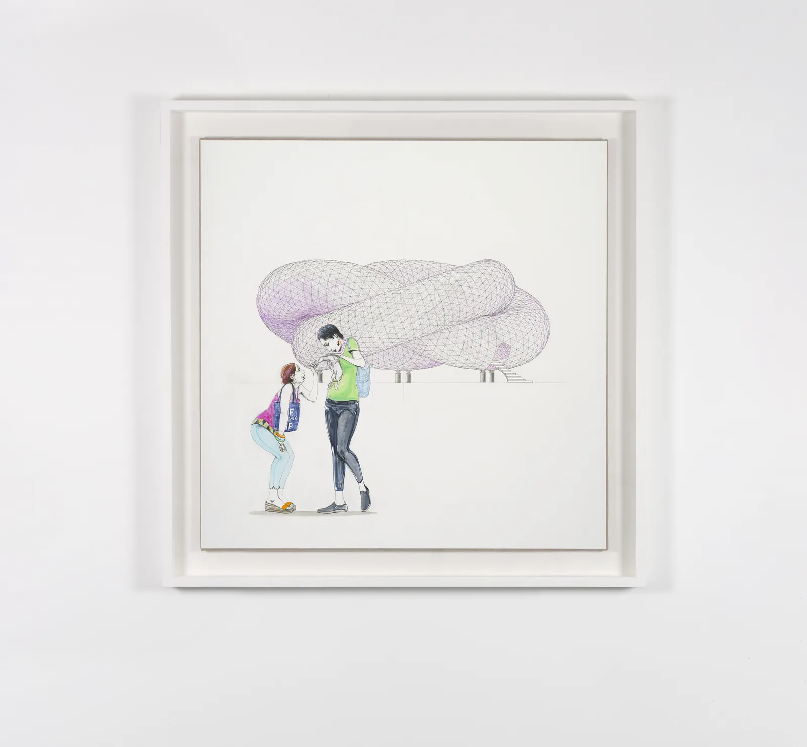 A mixed media drawing of a couple with a pet in front of a Pavilion with a blank background, mounted on a white wall.