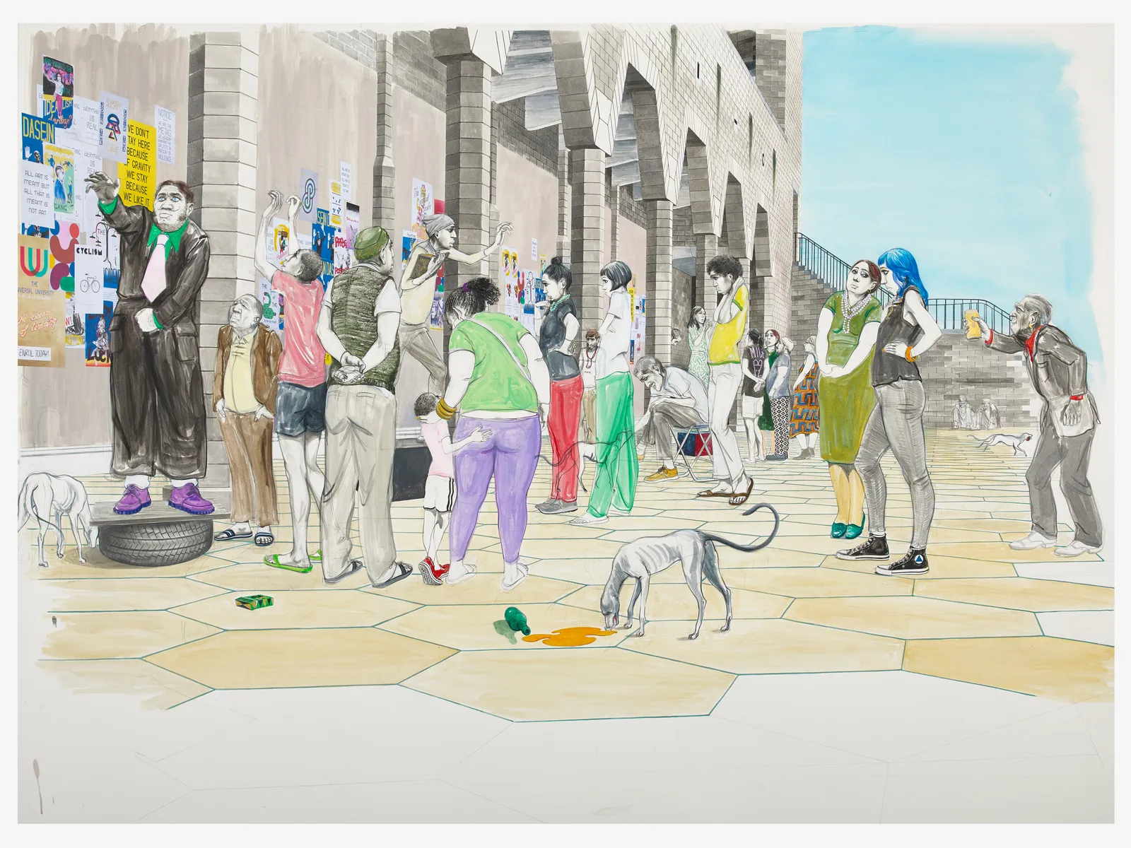 pencil, acrylic, and ink drawing depicting groups gathering by city wall, listening to charismatics orating