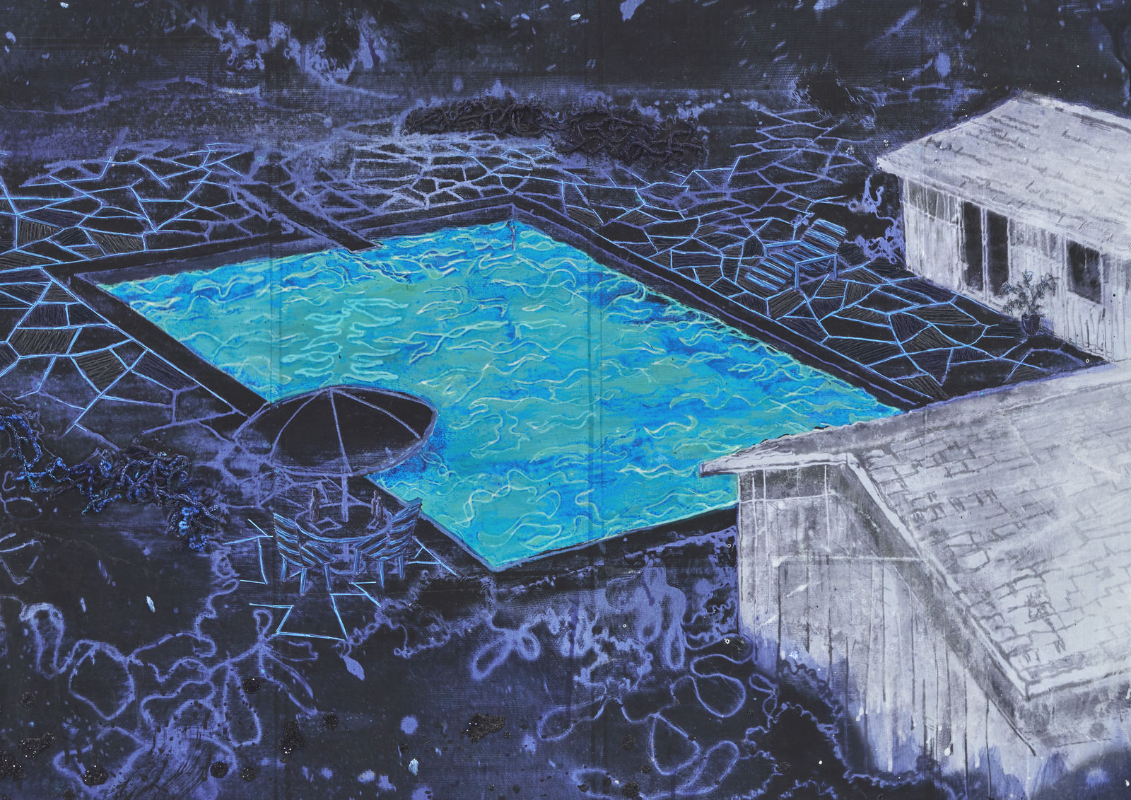 detail of dark blue painting with light blue pool and two white houses to the bottom left.