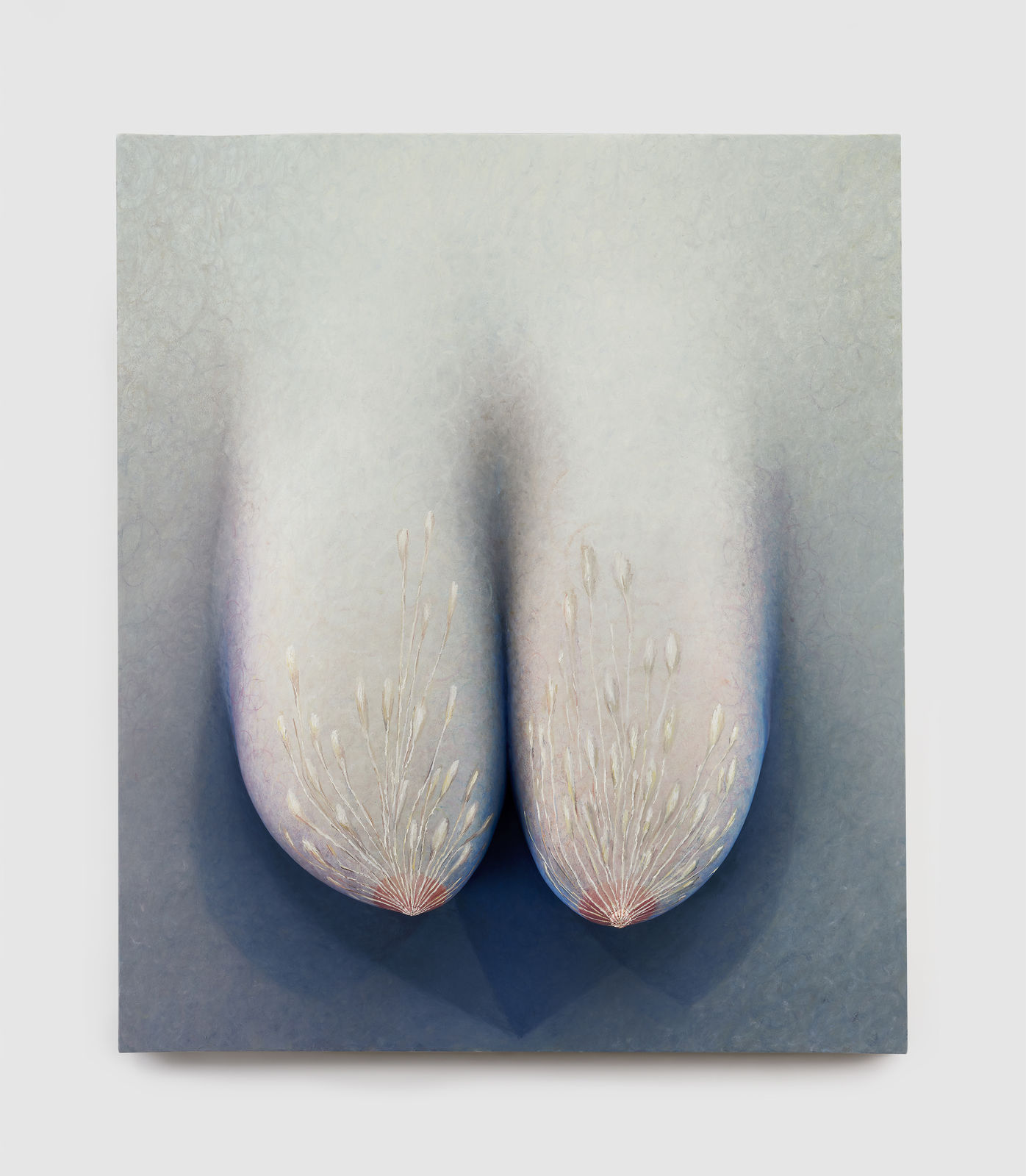 sculptural painting of two breasts, foliage grows upwards from the nipples.