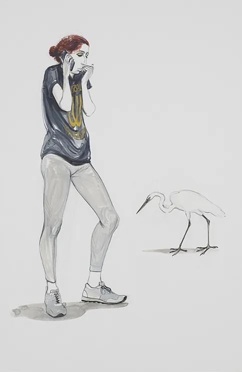 A mixed media image of a girl talking on her cell phone standing next to a white egret.