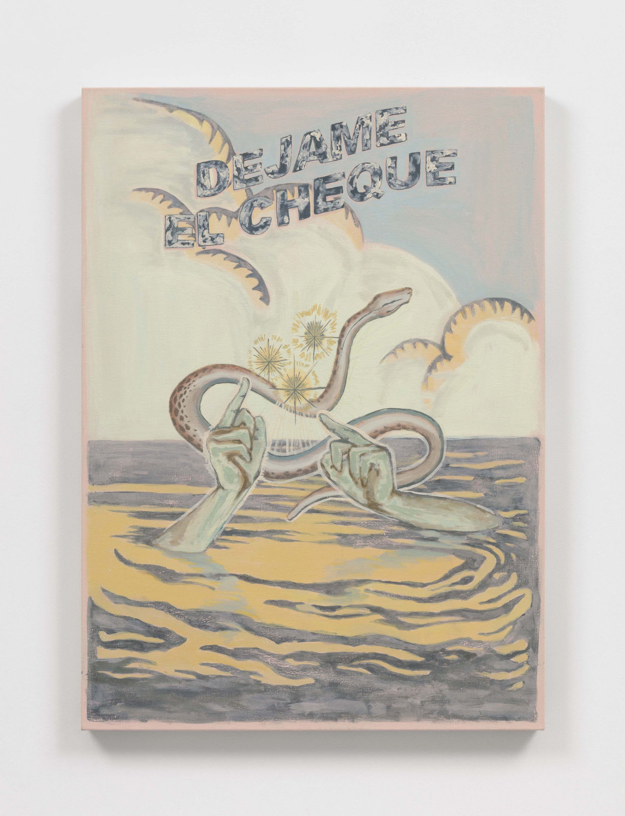 mixed media painting depicting two pointing hands and a snake emerging from a body of water, with text reading 