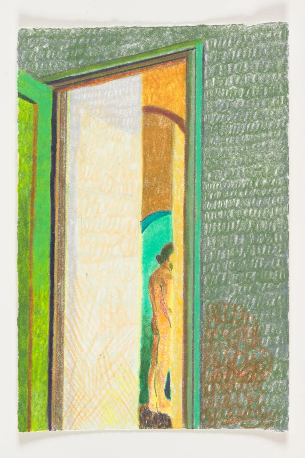 abstract, colorful image of a nude man appearing through a small view within an entryway. the main hues are green, blue, orange, white, and turquoise.