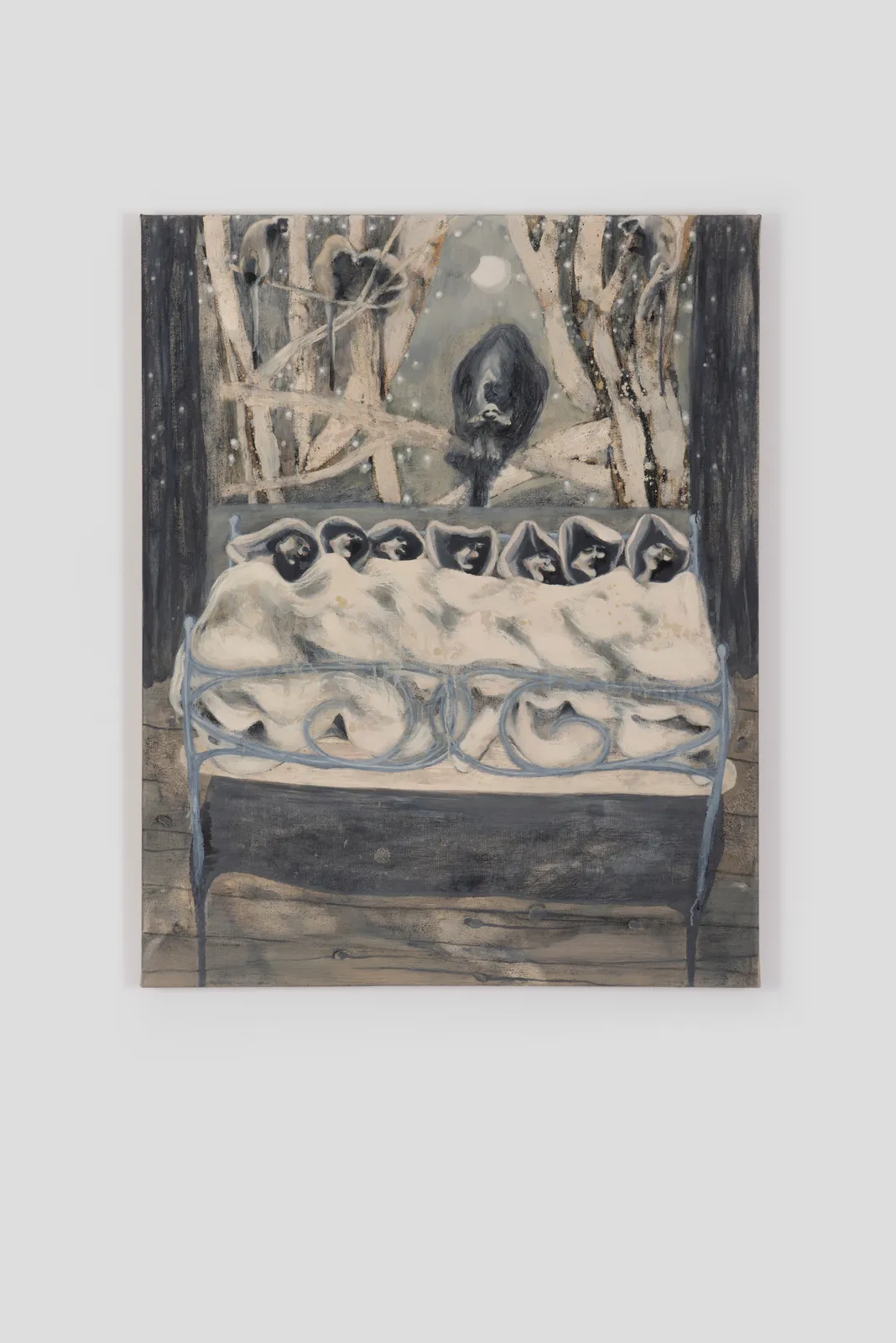 oil painting depicting seven figures sleeping in one bed