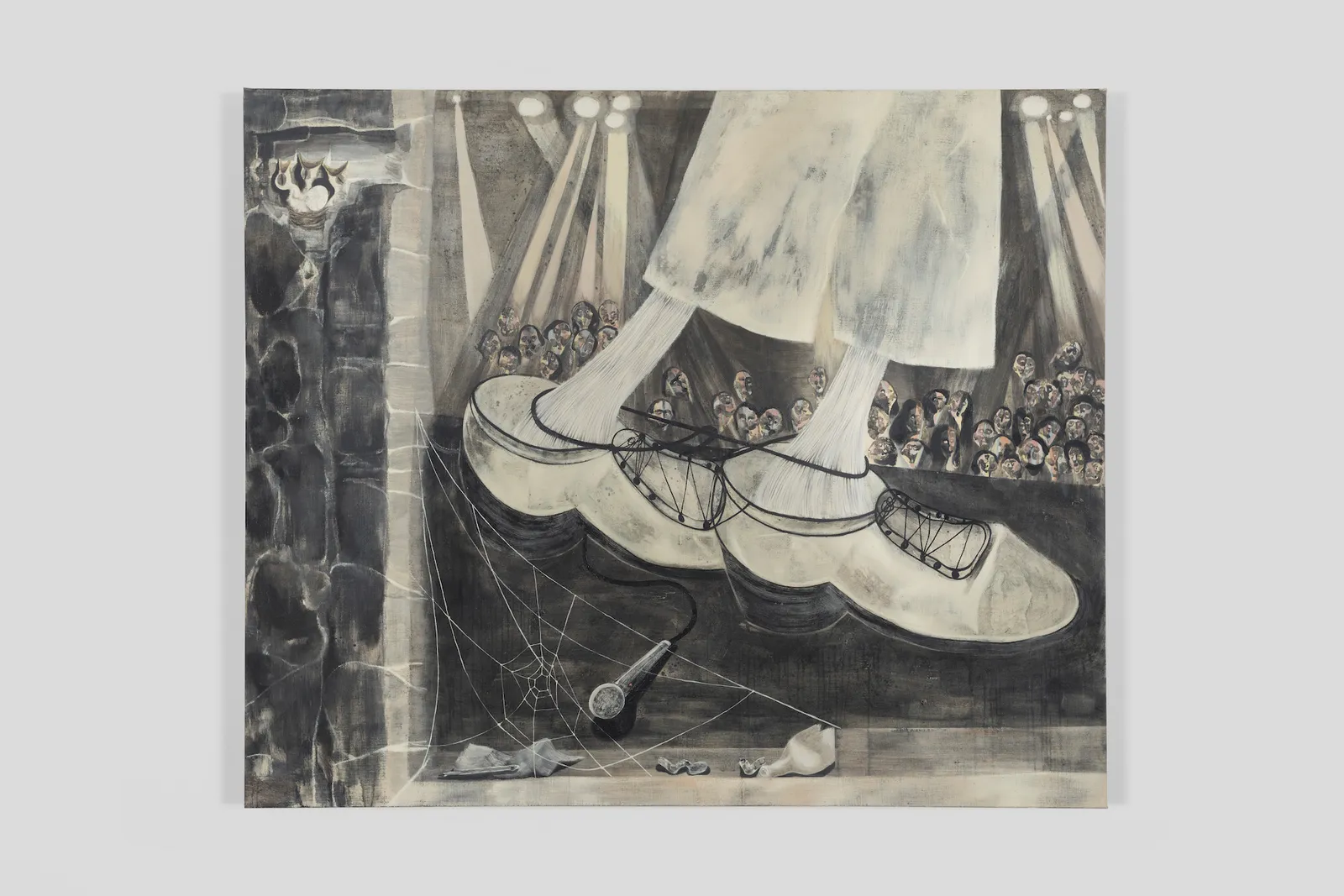 An oil on canvas of a pair of white shoes walking on a stage