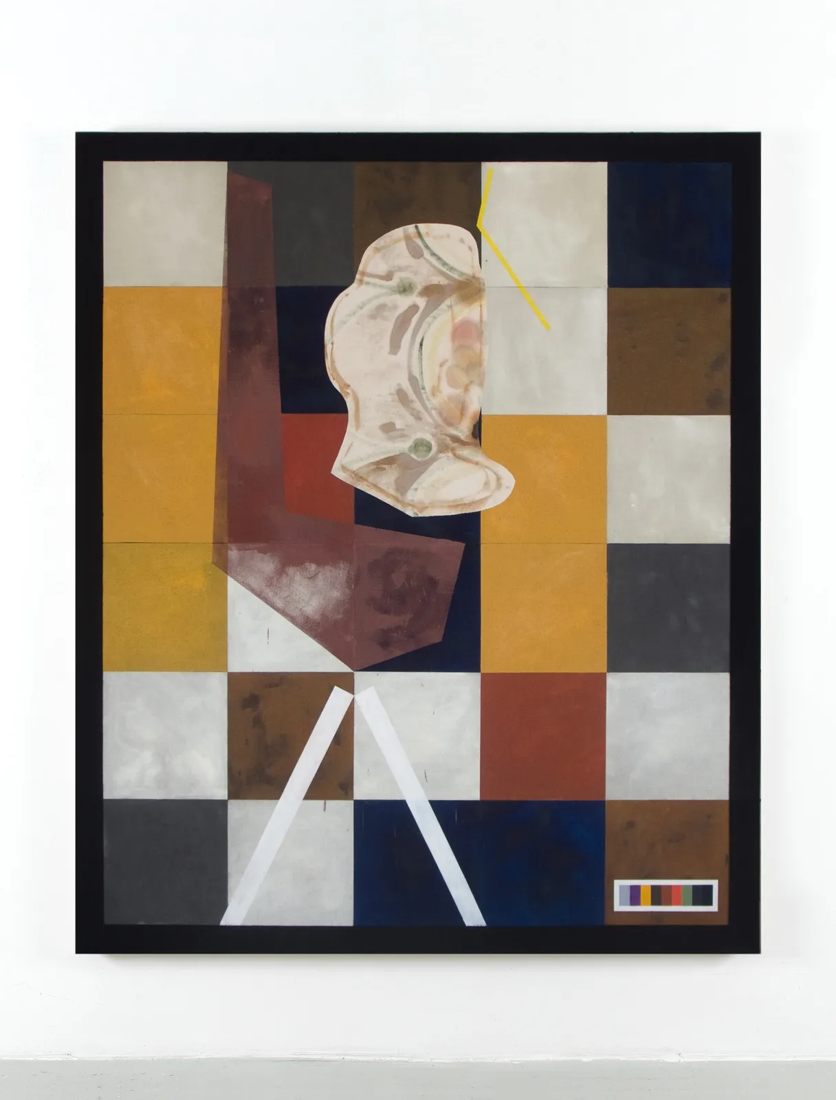 Oil, linen, canvas, yarn on panel of a checkered background with yellow, red, blue, brown coloring and a abstract bust and two sticks in front