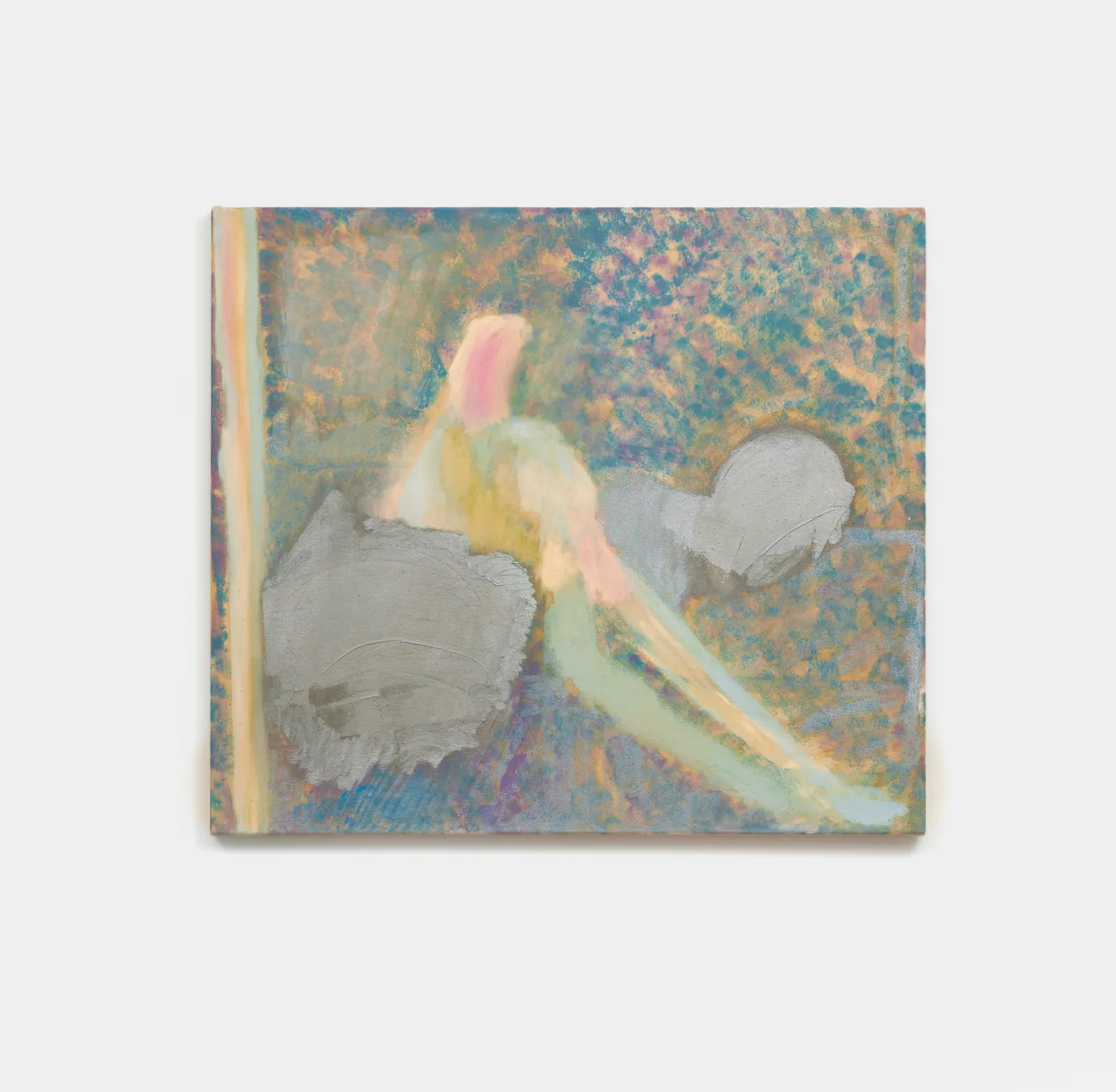 abstract painting that implies the shape of a human body, using a soft color palate of pink, green, blue, purple, gray, and yellow