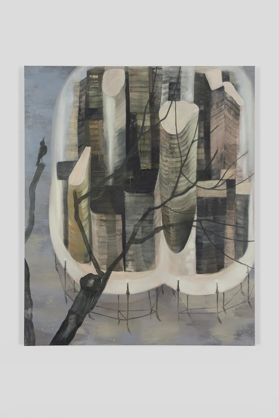 Oil on canvas depicting a city held on a platform held up by stilts