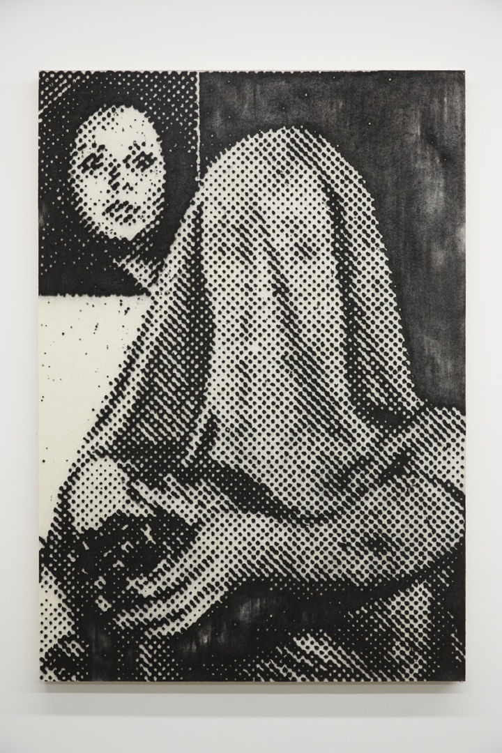 Charcoal on felt mounted on panel of of marginalized social group, figure being covered by cloth while holding up weapon