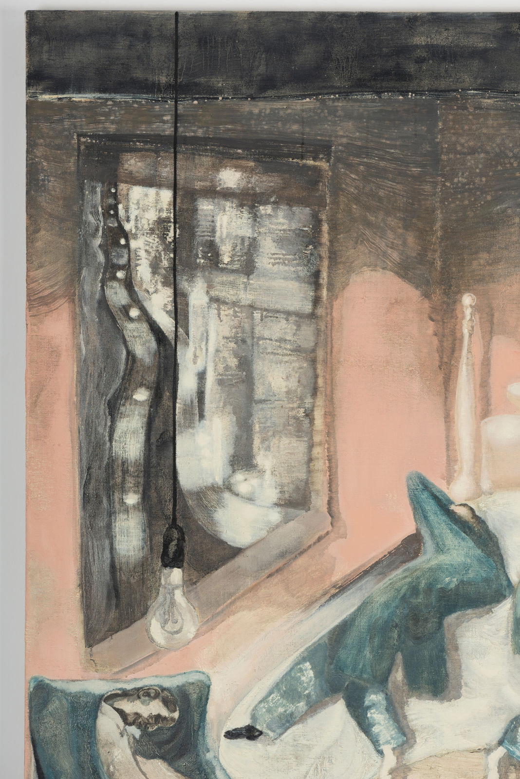 An abstracted oil on canvas image of various suited men lying on a large bed