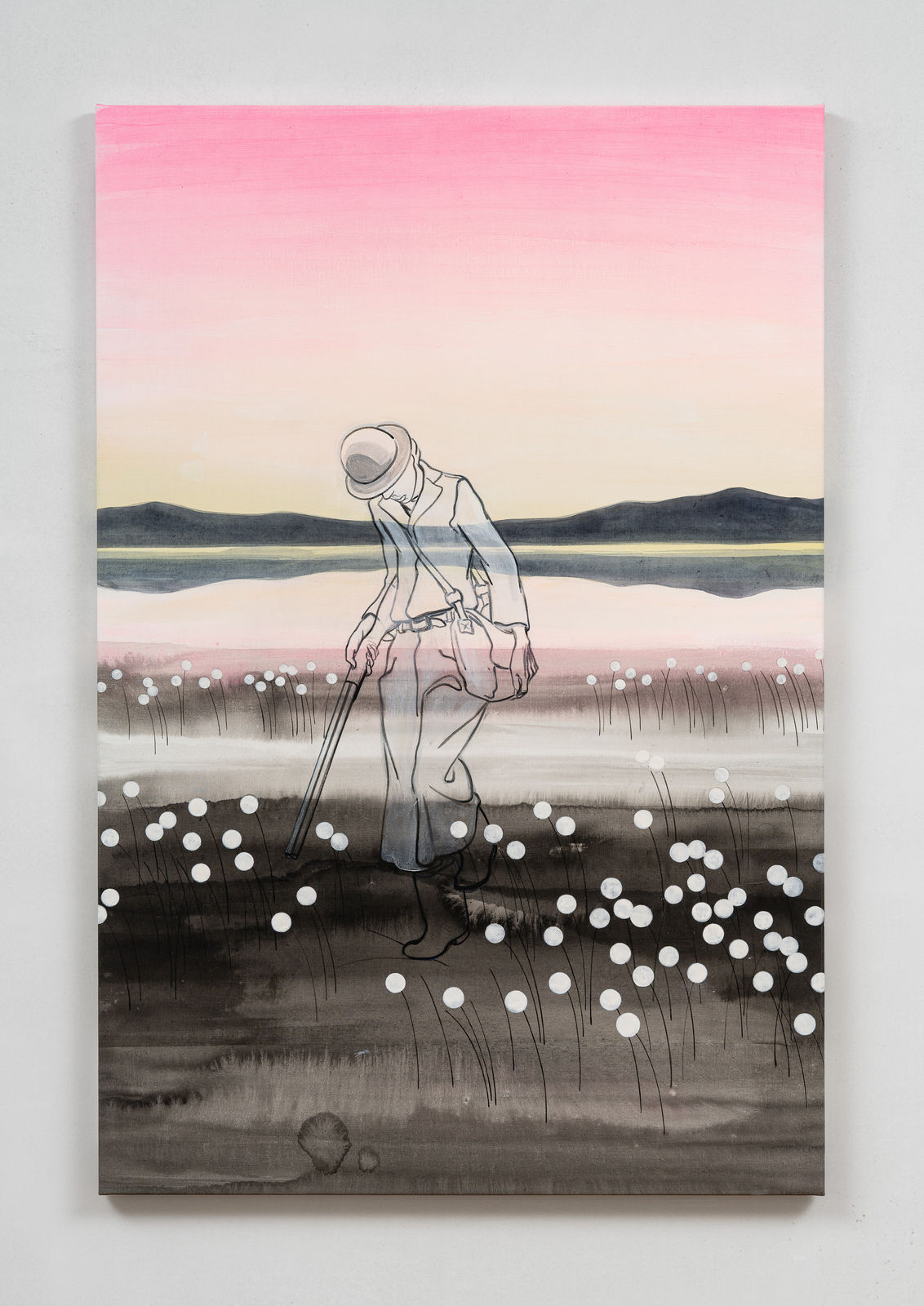 acrylic painting of a man walking on a grey landscape with white flowers and reflecting a pink sky