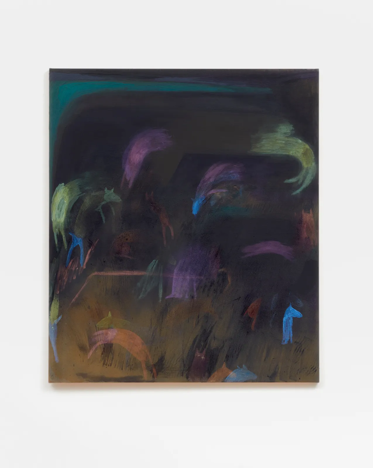 abstract painting with a black base that has playful dog-like figures throughout the space; the figures are in shades of purple, green, pik, and blue. there is an orange haze rising from the bottom of the work, and a linear turquoise shape jutting on from the upper left part of the work.