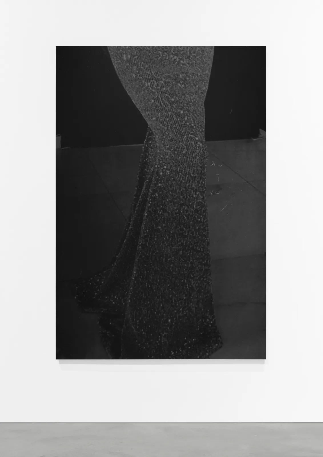 A black and white inkjet print of an abstract scene.