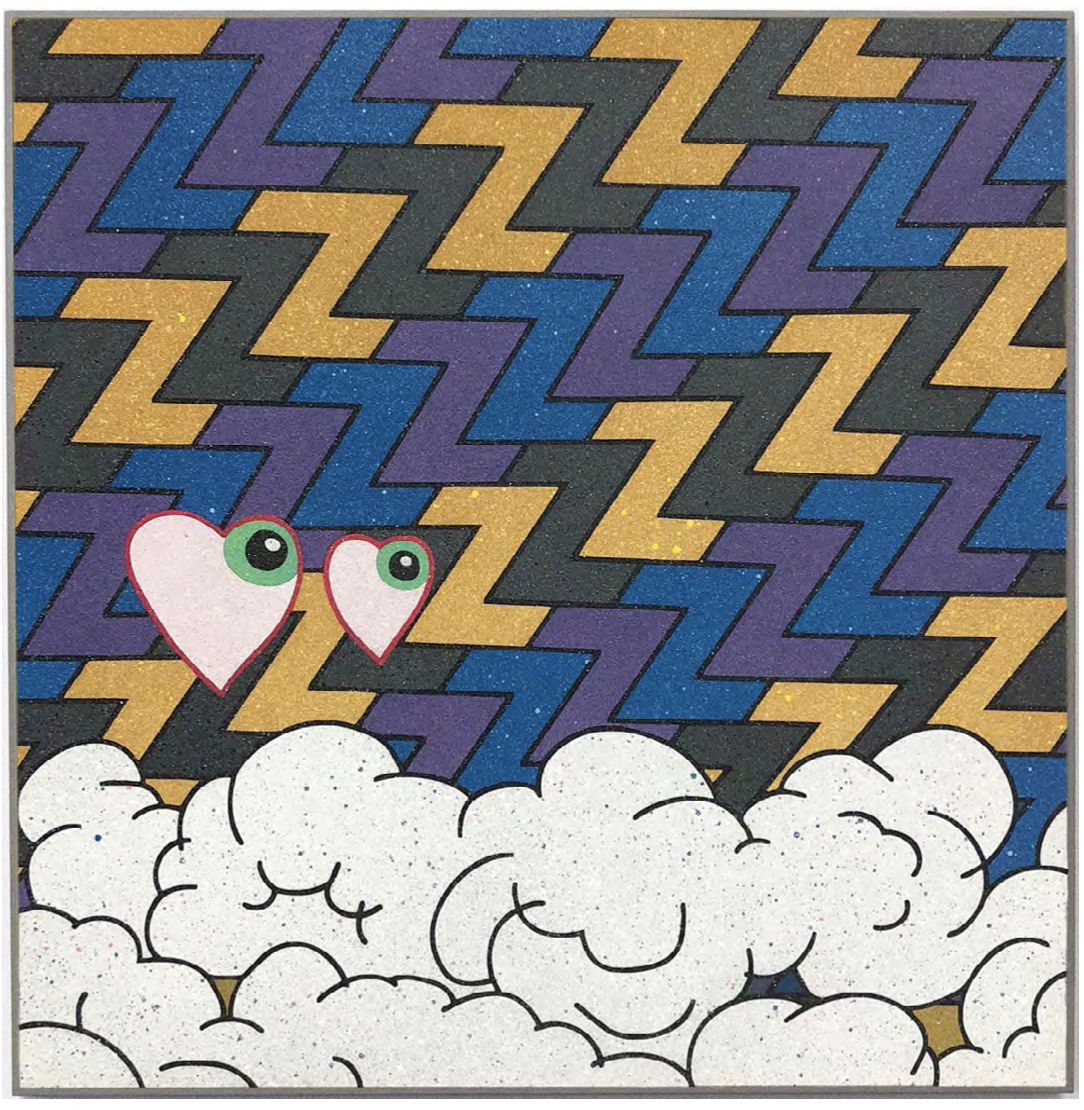 A mixed media piece depicting floating heart eyes under clouds of smoke.