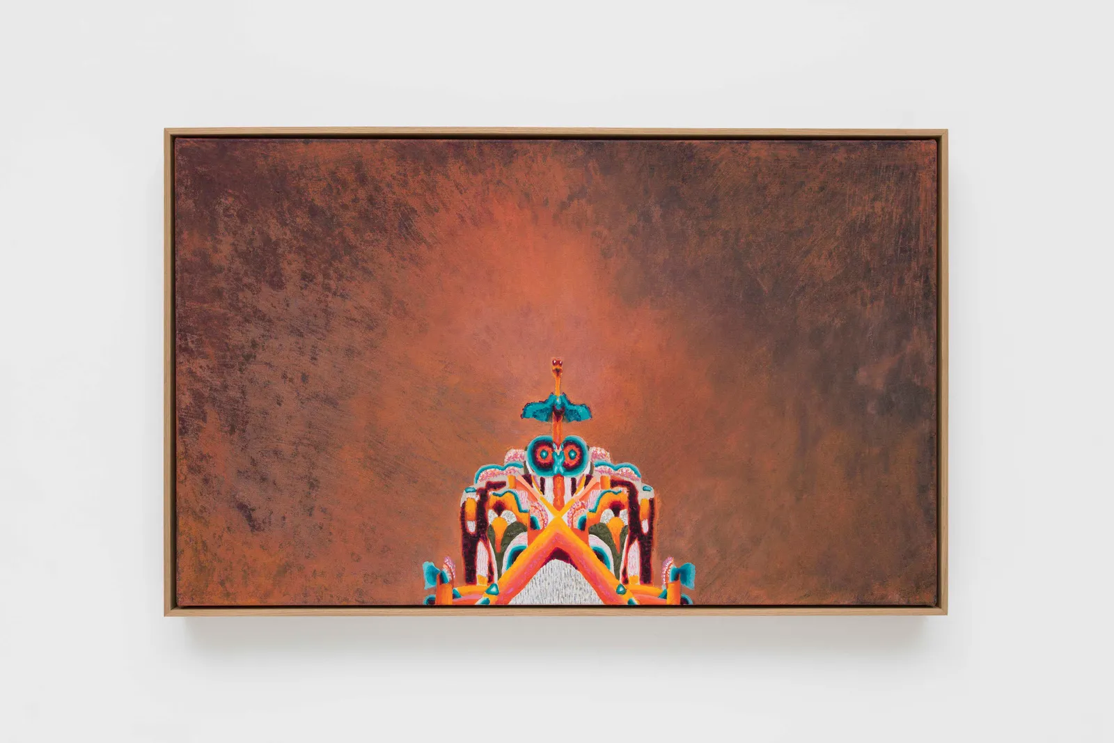 oil painting depicting a brightly colored psychedelic figure against a dark orange background