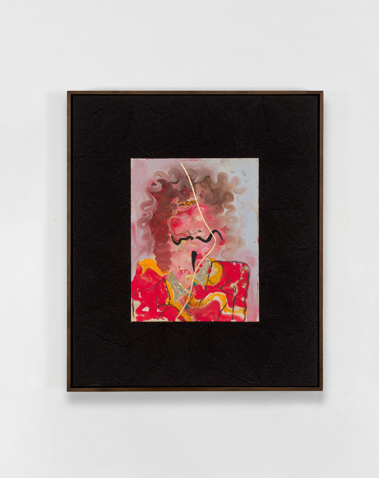 abstract painting illustrating a curly haired man with a mustache wearing a red military uniform. the image is framed with a thick black border.