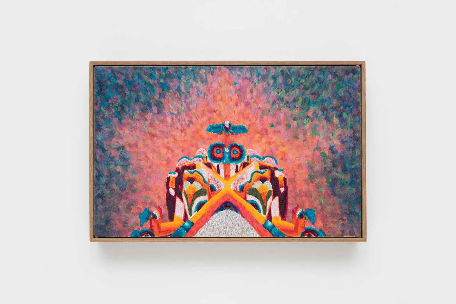 oil painting depicting a brightly colored psychedelic figure against a multicolored background