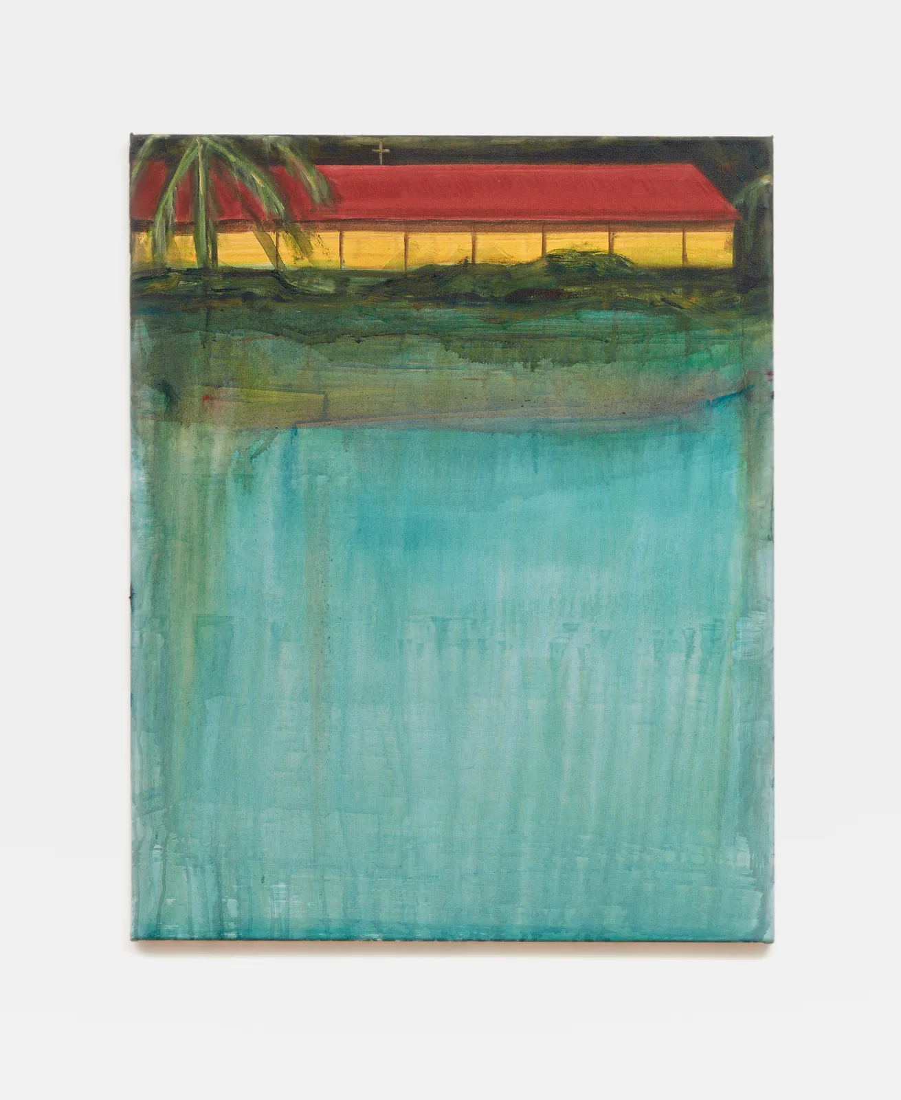 acrylic painting depicting a long yellow house with a red roof at the very top of the canvas, the rest of the image a wash of teal paint