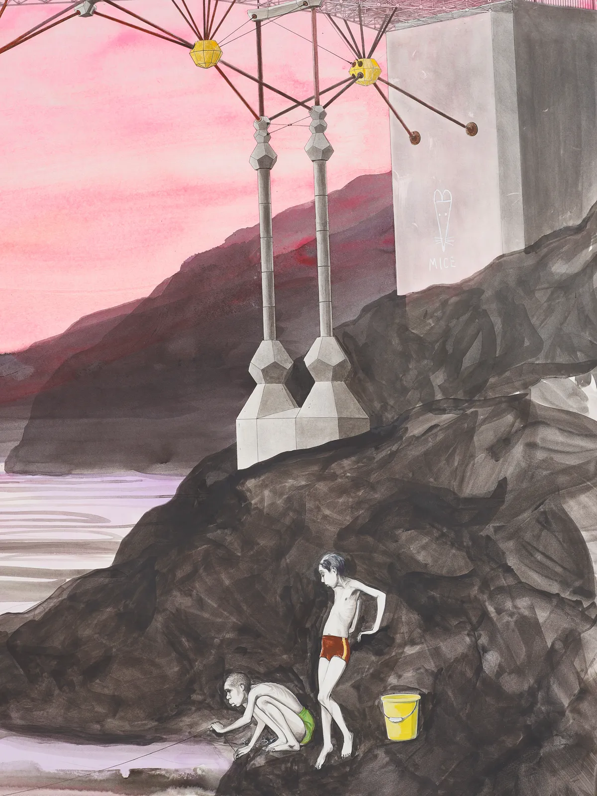 A detail of a big, mixed media drawing of boys fishing beneath a bridge with pink sky,