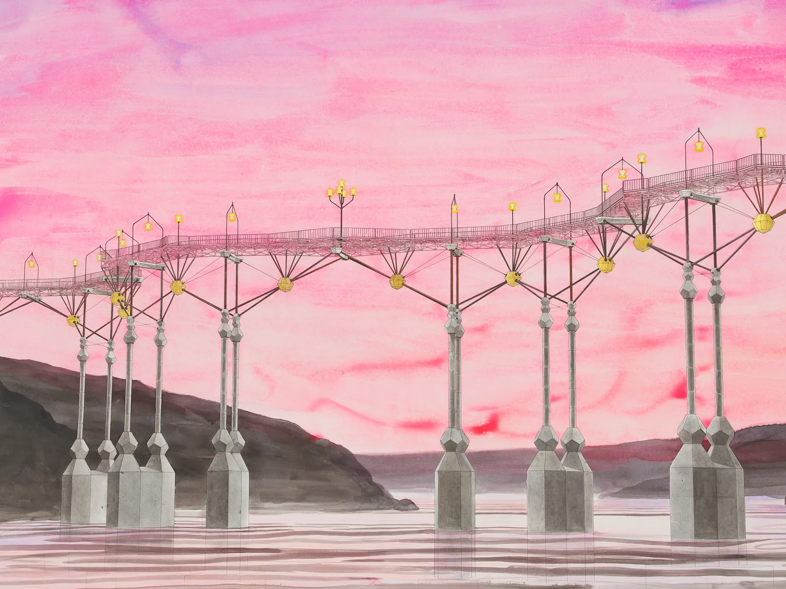 A detail of a big, mixed media drawing of boys fishing beneath a bridge with pink sky,